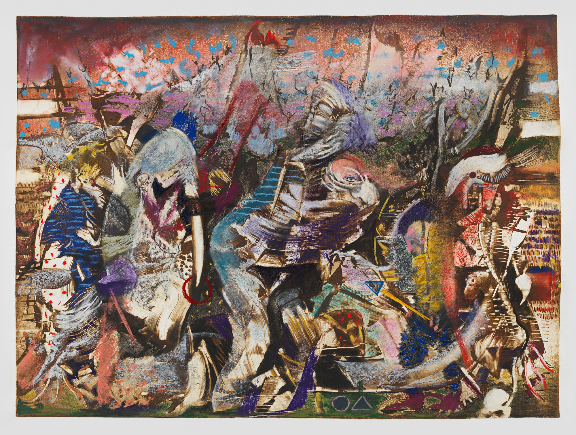 Ali Banisadr Triangle vs. Circle, 2025 pastel, charcoal, and ink on paper 24 x 31 1/2 inches 61 x 80 cm
