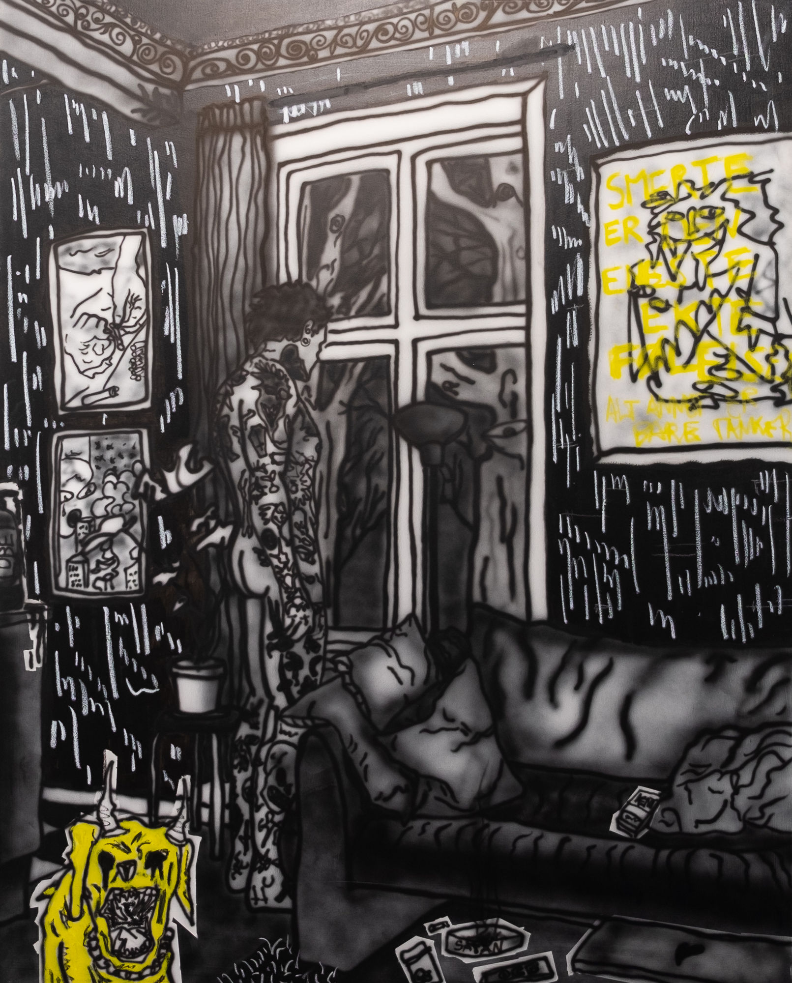 "Is pain the only real feeling? Everything else is just thoughts", 2025 150x120cm, Airbrush and oilpastel on canvas