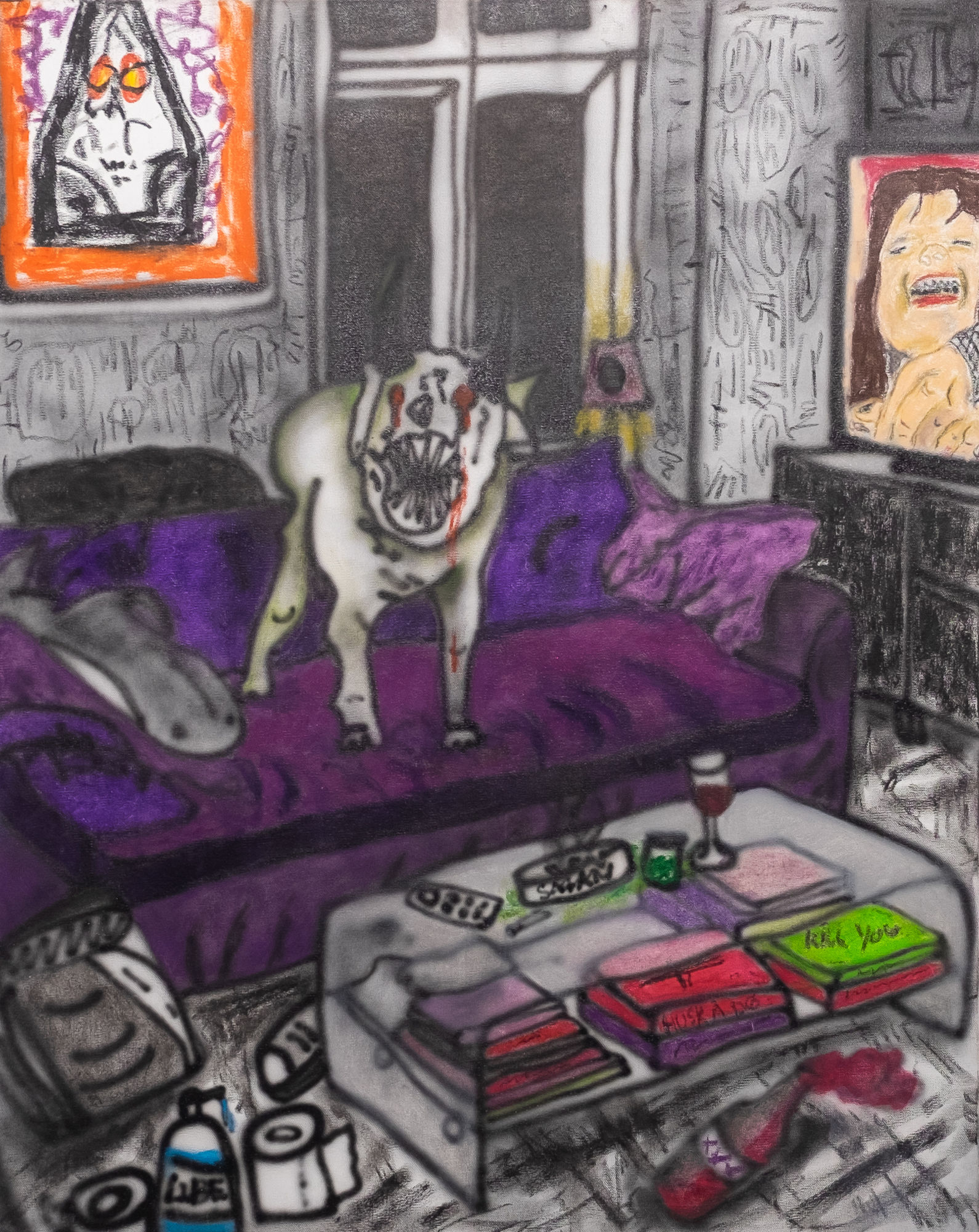 "If my Dog could talk i would have to Kill it. He's seen to much",2025 100x80cm, Airbrush and oilpastel on canvas