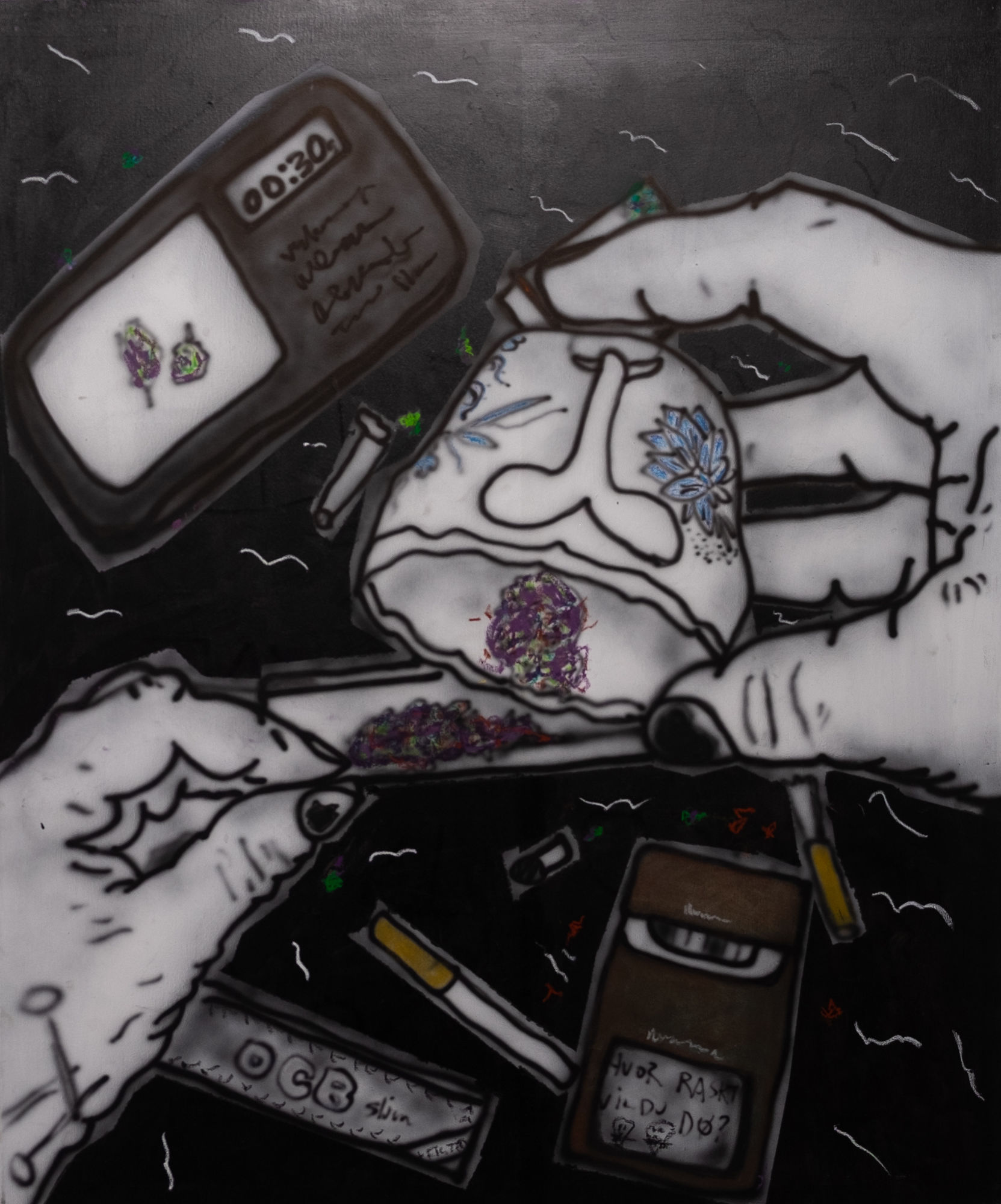 "P.O.V you are Addicted",2025 120x100cm, Airbrush and oilpastel on canvas