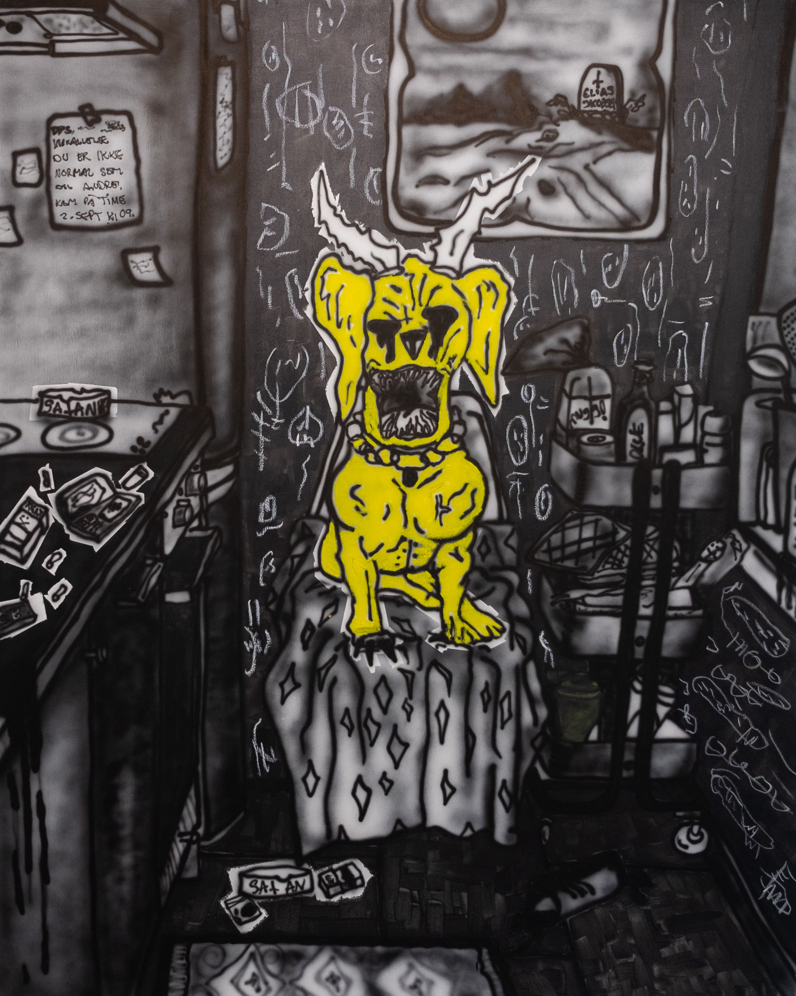 "Damn, I'm out of cigarettes, can you keep my seat warm, I have to go to the store", 2025 150x120cm, Airbrush and oilpastel on canvas