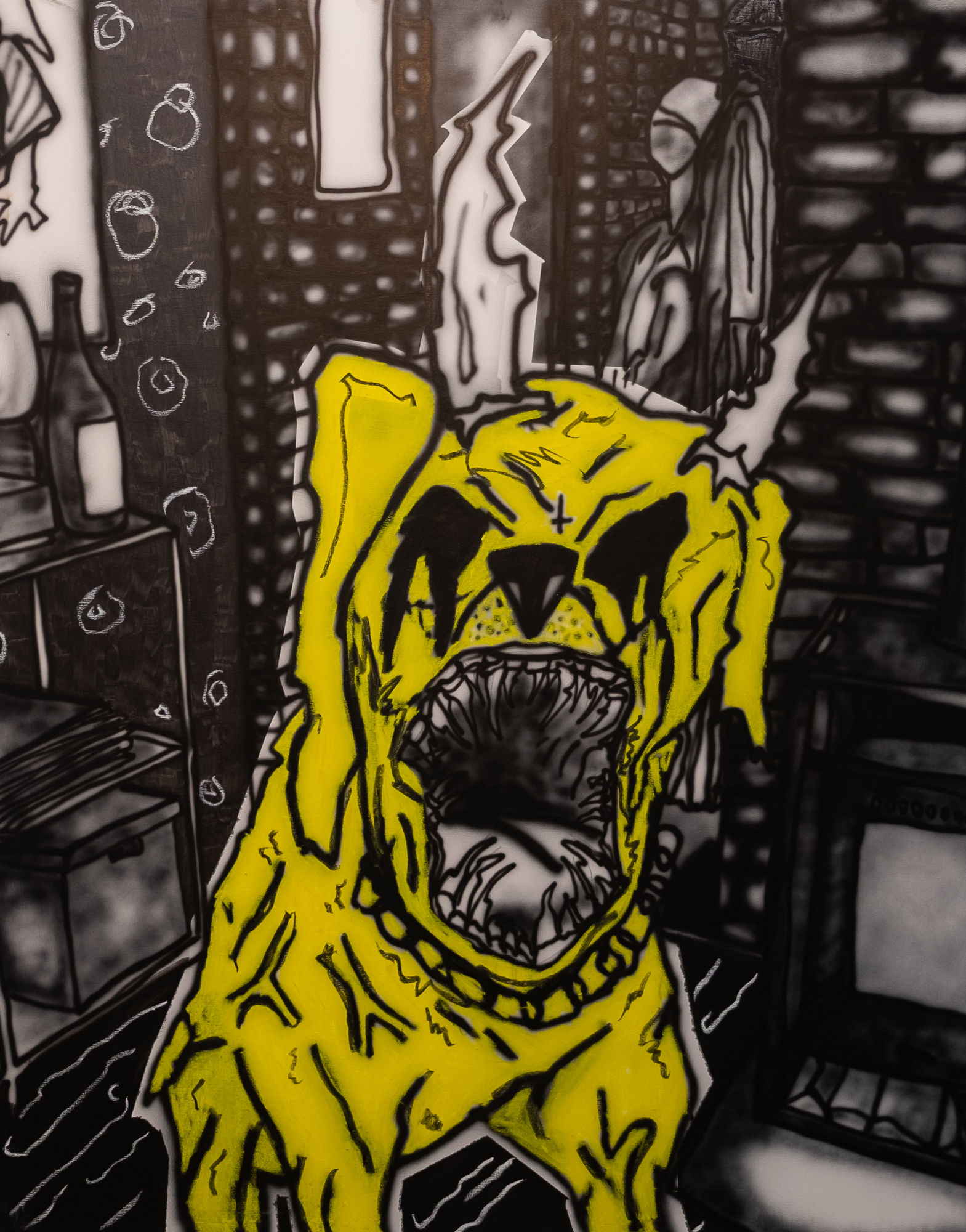 "Be careful. He's kind, but he can bite if he's abused for a long time, longer than you'd think", 2025 x cm, Airbrush and oilpastel on canvas