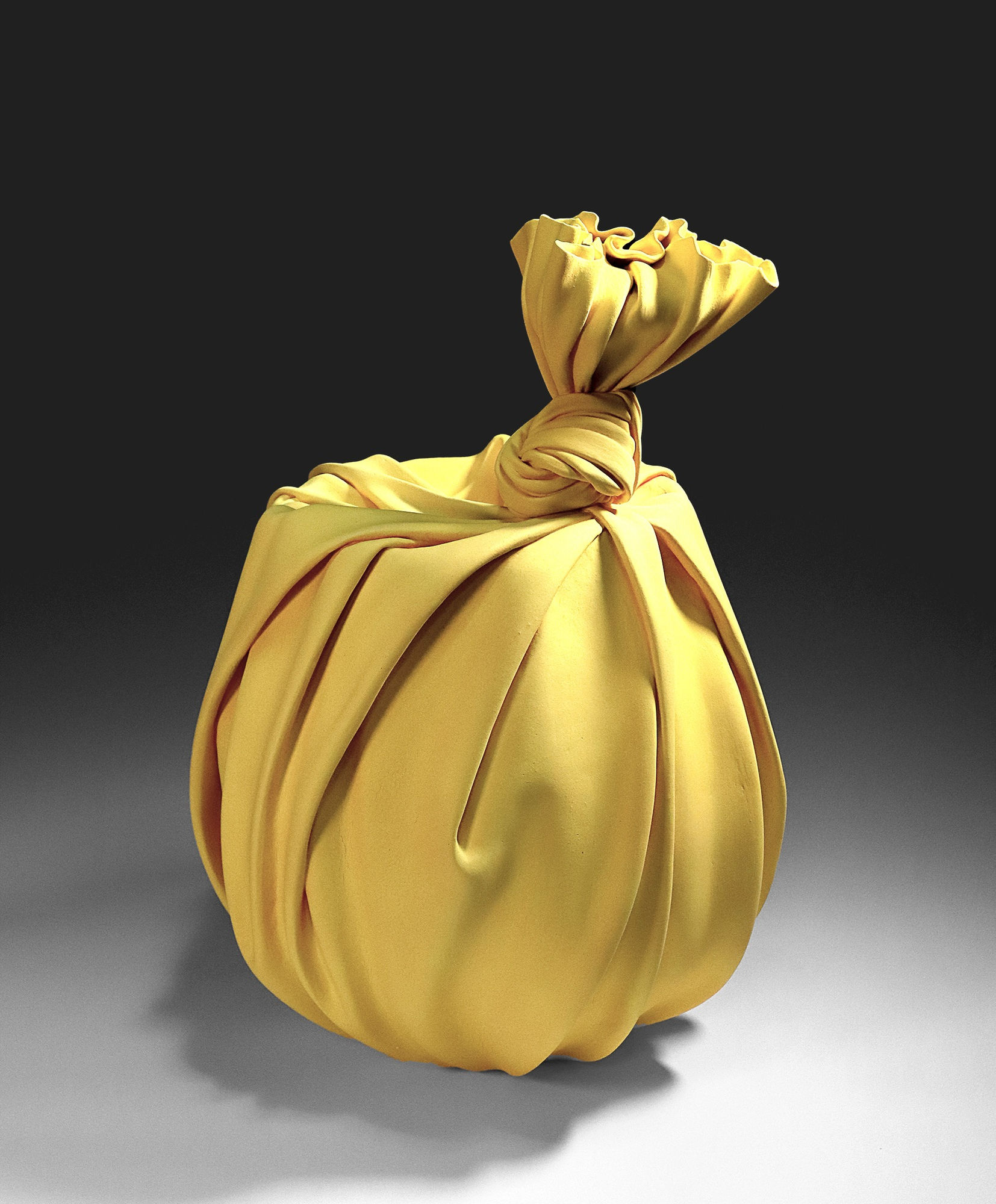 Tanaka Yū (b. 1989) Yellow sculpture in the shape of knotted furoshiki (wrapping cloth) enveloping a large Tsubo 2019 Matte-glazed stoneware 24 3/8 x 16 1/2 x 16 1/2 in. Inv# 11236 SOLD