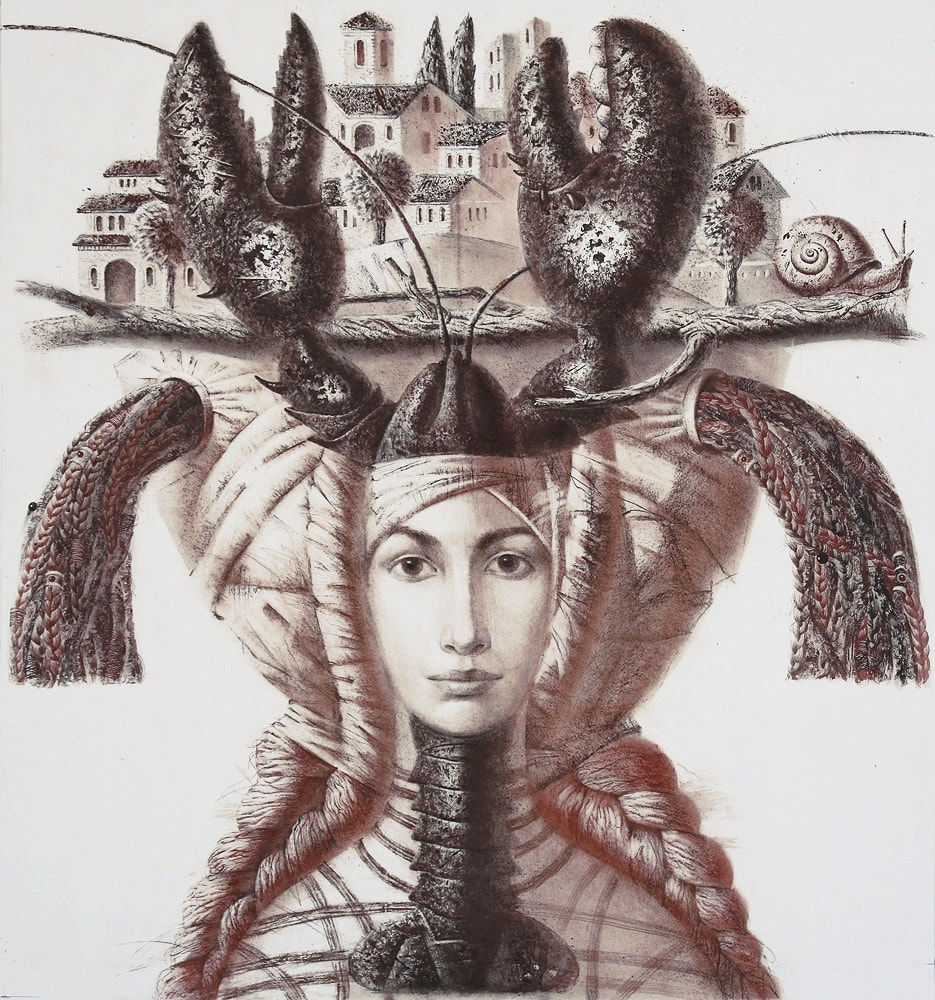 Lady with Lobster 60 x 65 cm Sanguine, Sepia, Charcoal on Paper