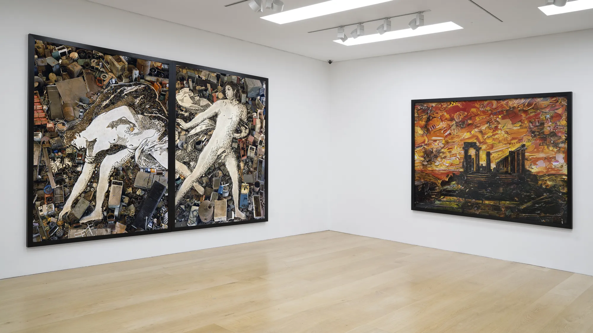 Installation view of a gallery with framed photo collages by Vik Muniz