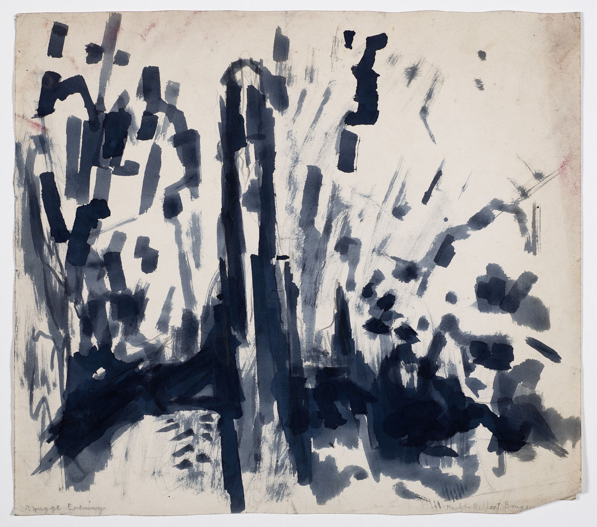 Bruges, evening,c. 1948-49, ink on paper, 31 x 35cm. The Gustav Metzger Foundation