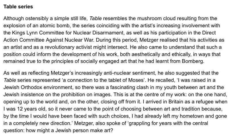 Table series Although ostensibly a simple still life, Table resembles the mushroom cloud resulting from the explosion of an atomic bomb, the series coinciding with the artist’s increasing involvement with the Kings Lynn Committee for Nuclear Disarmament, 
