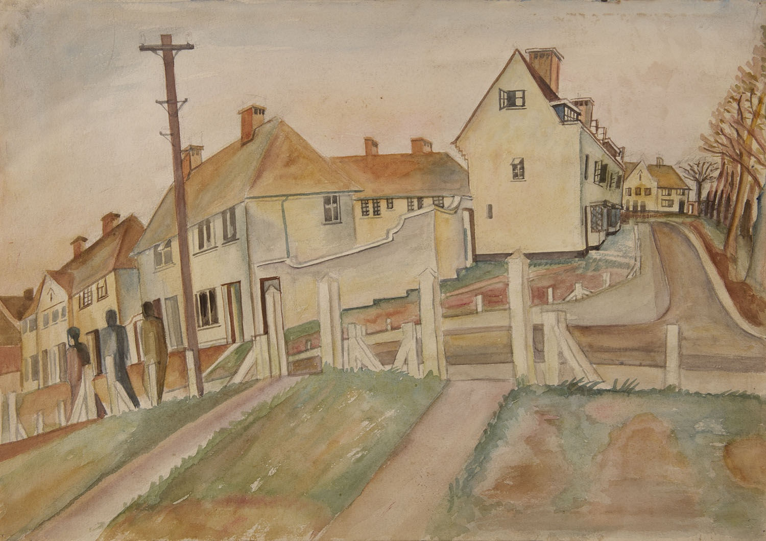 Alfred Lomnitz (1892-1953) Suburban Scene (Huyton Camp) c.1940-41 Watercolour and pencil on paper 35.5 x 50.5 cm Ben Uri Collection &copy; Alfred Lomnitz estate