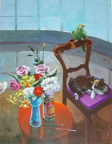 Paul Wonner Room with Curved Window Cat and Bird, 2000 Acrylic on paper 38 x 27 inches 96.52 x 68.58 cm