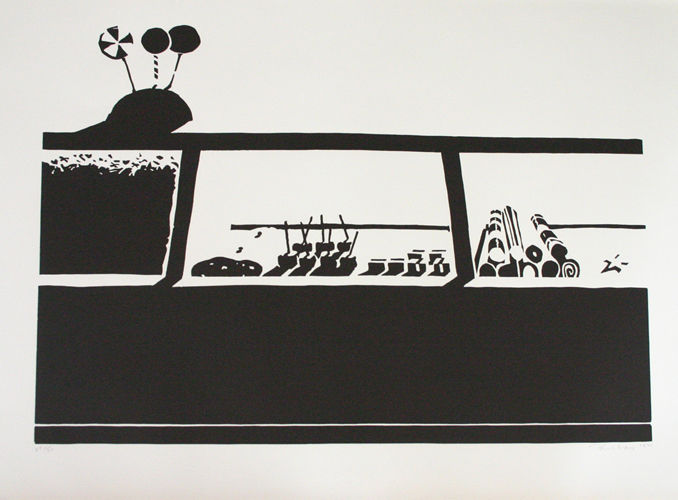 Wayne Thiebaud Candy Counter, 1970 Linocut 22 1/2 x 30 1/8 inches 57.15 x 76.52 cm Edition of 50