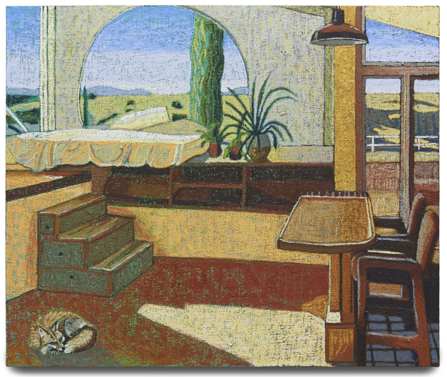 JJ Manford Sleeping Fox at Arcosanti, 2023 Oil stick, oil pastel, and Flashe on burlap over canvas 50 x 60 inches