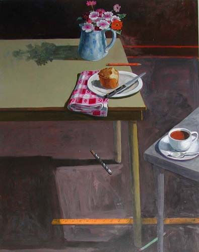 Paul Wonner Studio: Two Tables Popover and Coffee, 2000 Acrylic on paper 38 1/2 x 27 inches 97.79 x 68.58 cm