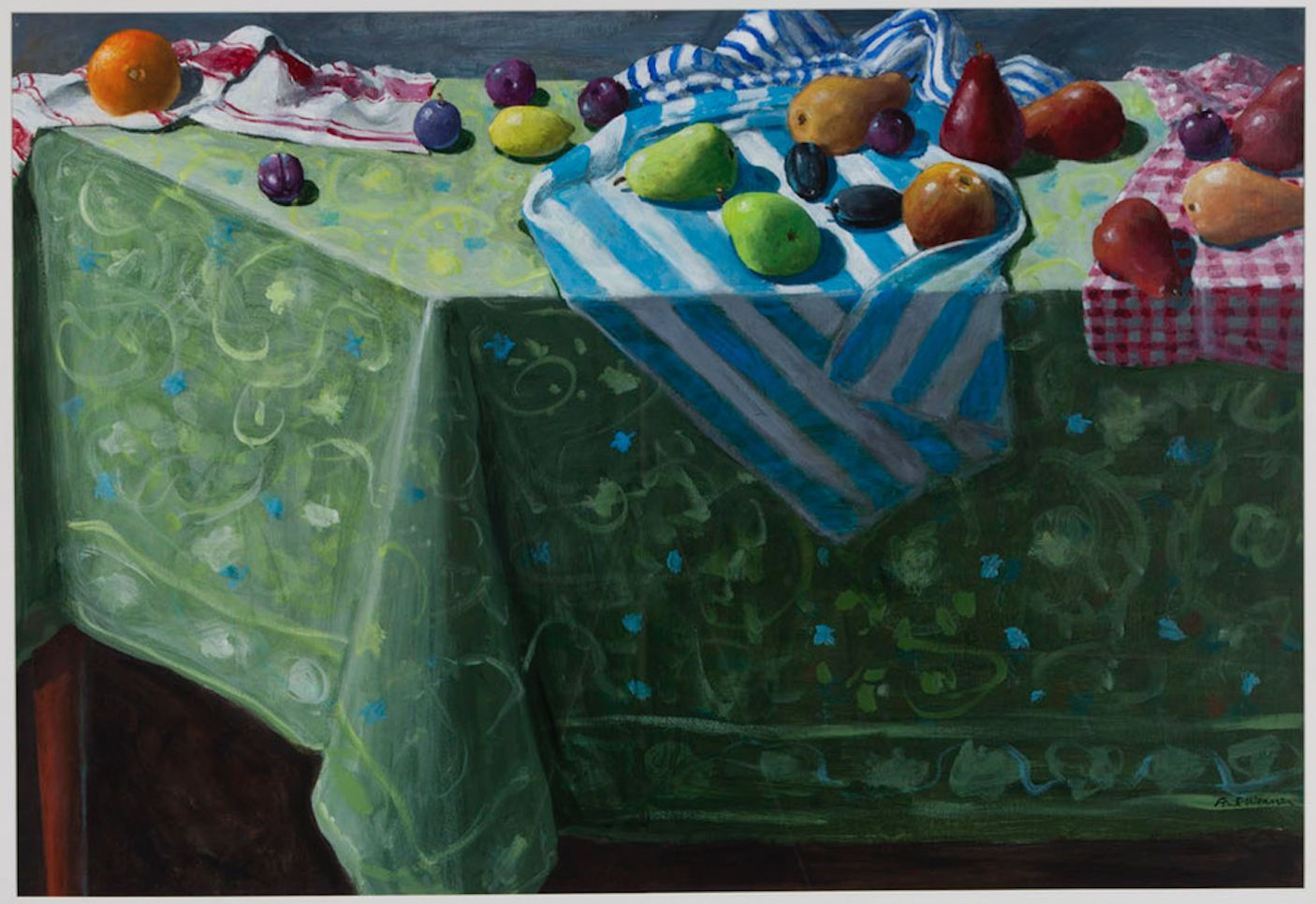 Paul Wonner Fruit and Kitchen Towels (Green cloth), 2000 Acrylic on paper 27 x 38 1/2 inches 68.6 x 97.8 cm