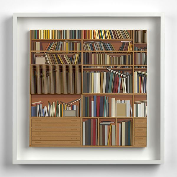 Lucy Williams Library at Maison Louis Carré #4, 2017 Paper, engineered wood, maple wood veneer and acrylic paint on birch ply panel 15 x 15 inches 38 x 38 cm Framed: 19 1/8 x 19 1/8 x 3 inches (48.6 x 48.6 x 7.6 cm)