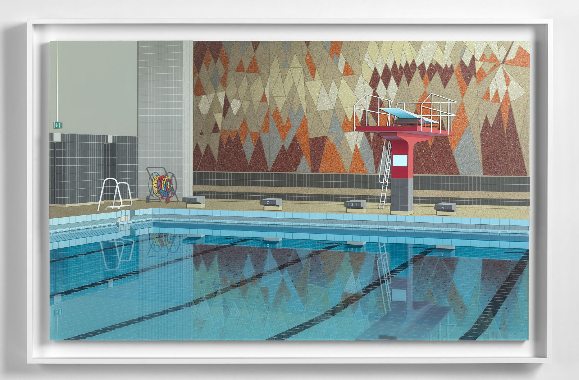 Lucy Williams Reflecting Pool (red mosaic), 2019 Paper, Plexiglas, engineered wood, silver colored card, acrylic paint and acrylic ink on birch ply panel 29 1/2 x 47 1/8 inches 75 x 120 cm Framed: 33 5/8 x 51 3/8 x 3 inches (85.6 x 130.6 x 7.6 cm)