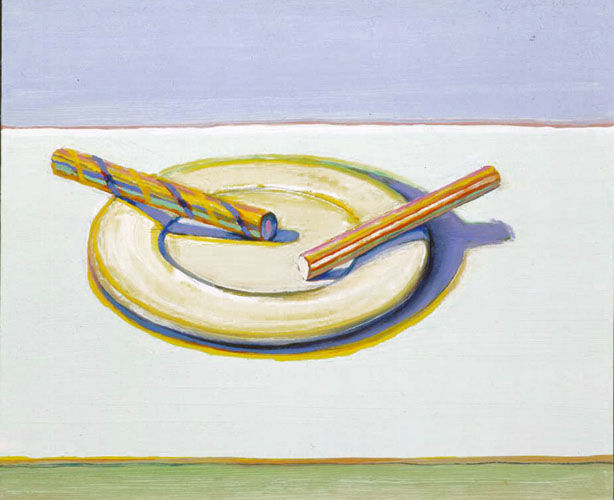 Wayne Thiebaud Two Candy Sticks, 2004 Oil on board 10 1/2 x 13 3/8 inches