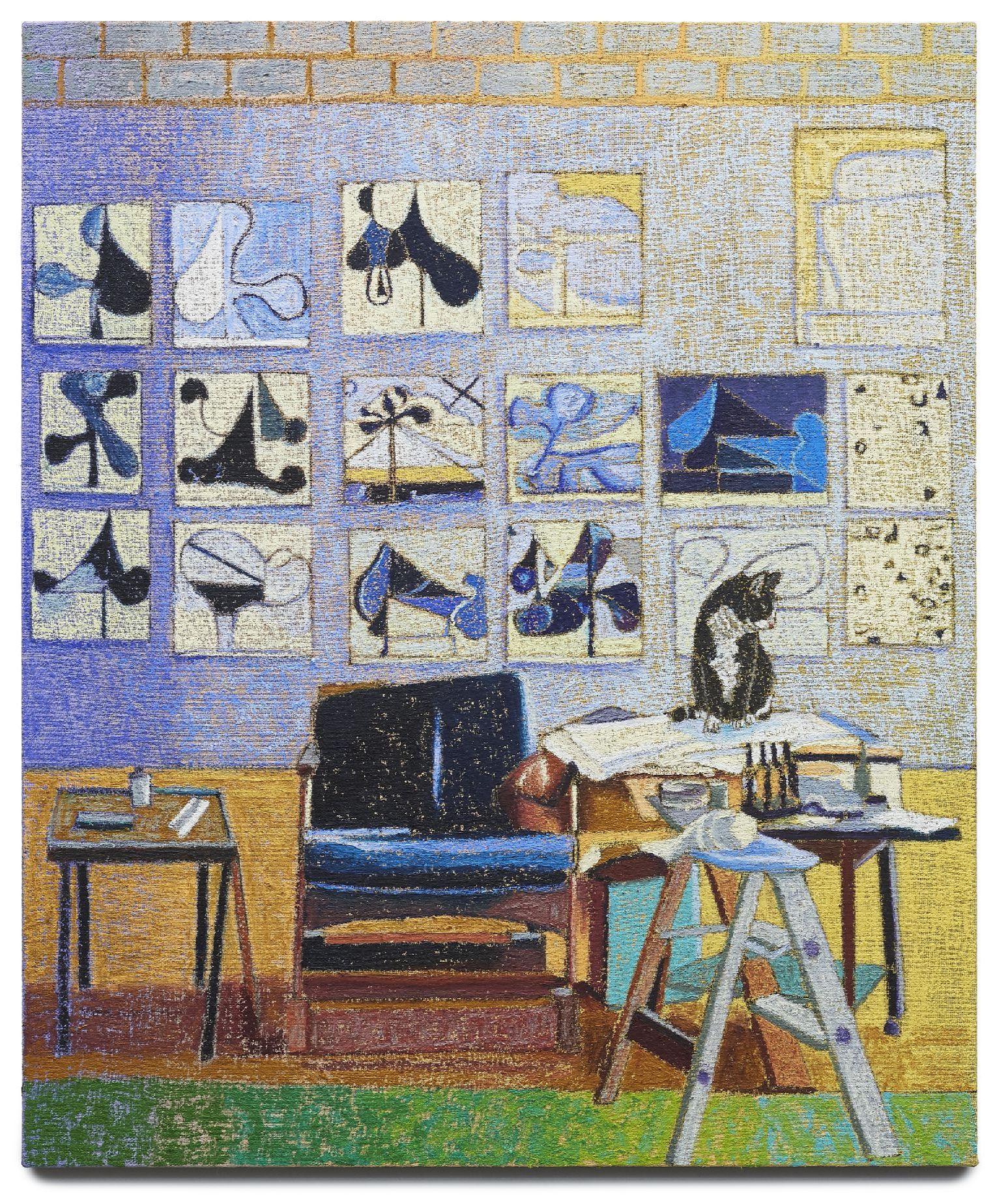 JJ Manford Richard Diebenkorn Studio, Ocean Park, 2023 Oil stick, oil pastel, and Flashe on burlap over canvas 60 x 50 inches