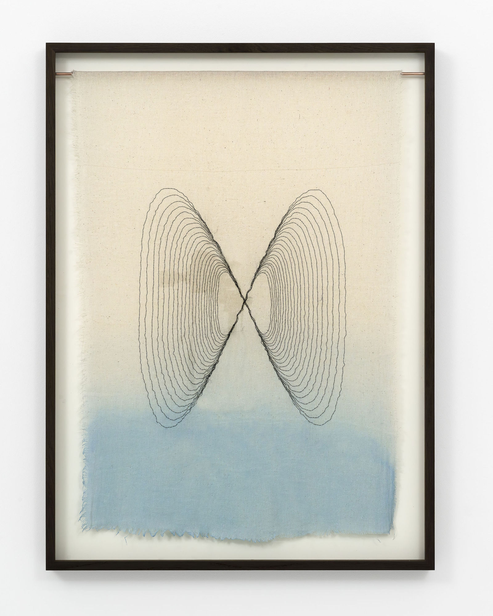 Louise Foo Meditation, Octave (1:2), 2023 Embroidery, UV dye, cloth, smoked oak frame, glass Unframed: 75 x 52 cm Framed: 84 x 62 cm