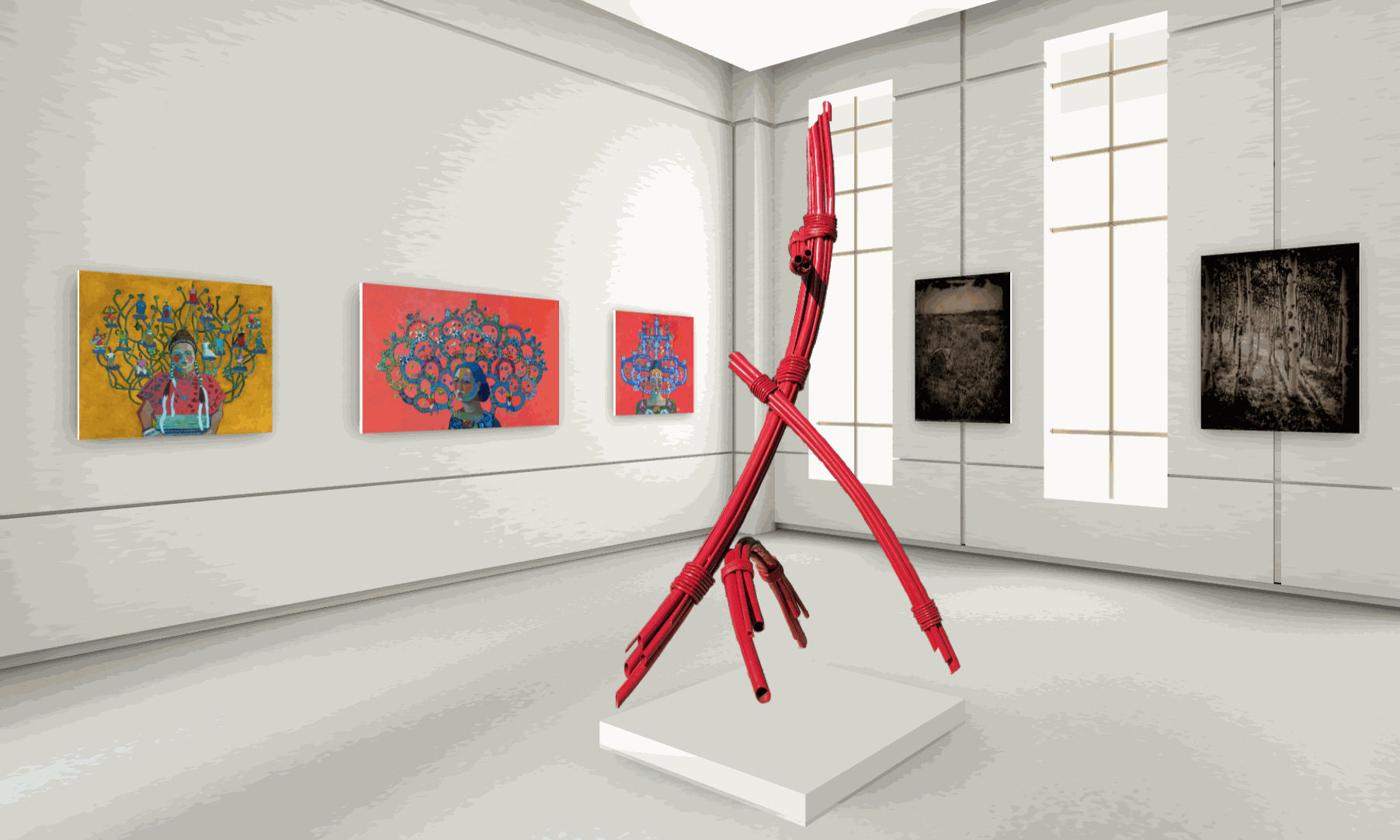 left to right: Paintings by Kathy Sosa, Steel Sculpture by Gregory Steel, photographs by London Amara