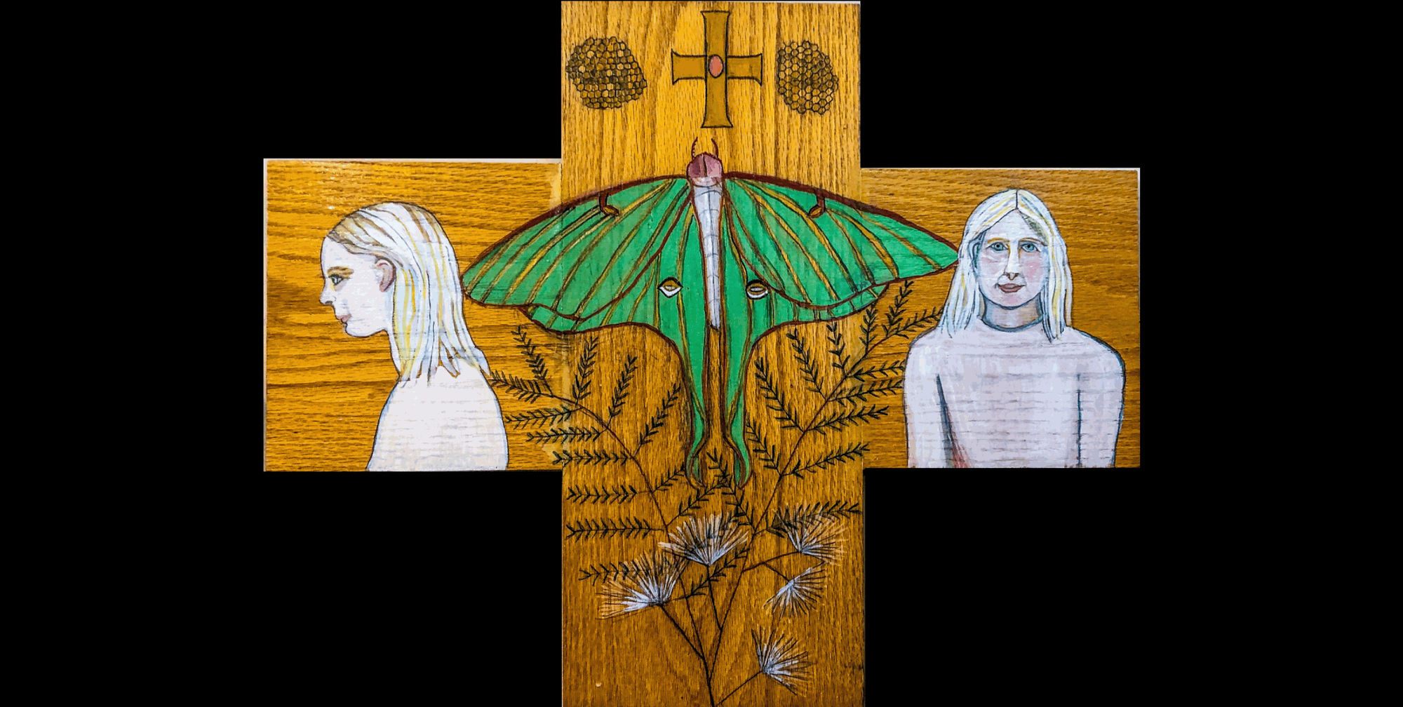 Luna Moth Cross © Deborah Masters 2028 paint on wood, 20 x 21 inches
