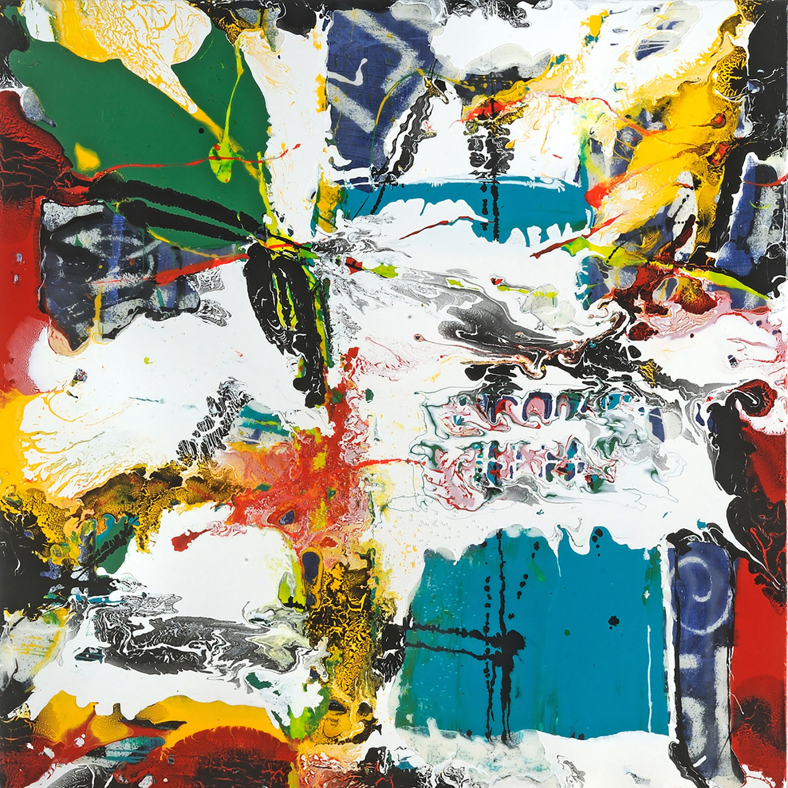 Cygnus, 2016 Acrylic enamel, ink, fabric, glass beads, 36 x 36 inches