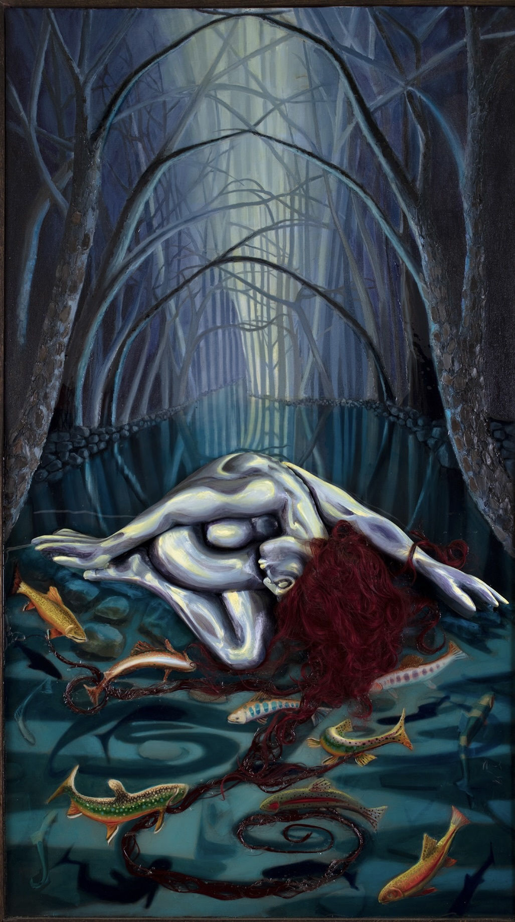 Rob Mango, Stream of Dreams, 2020 Oil on canvas over board, resin water, sculpted foam, 80 x 46 inches