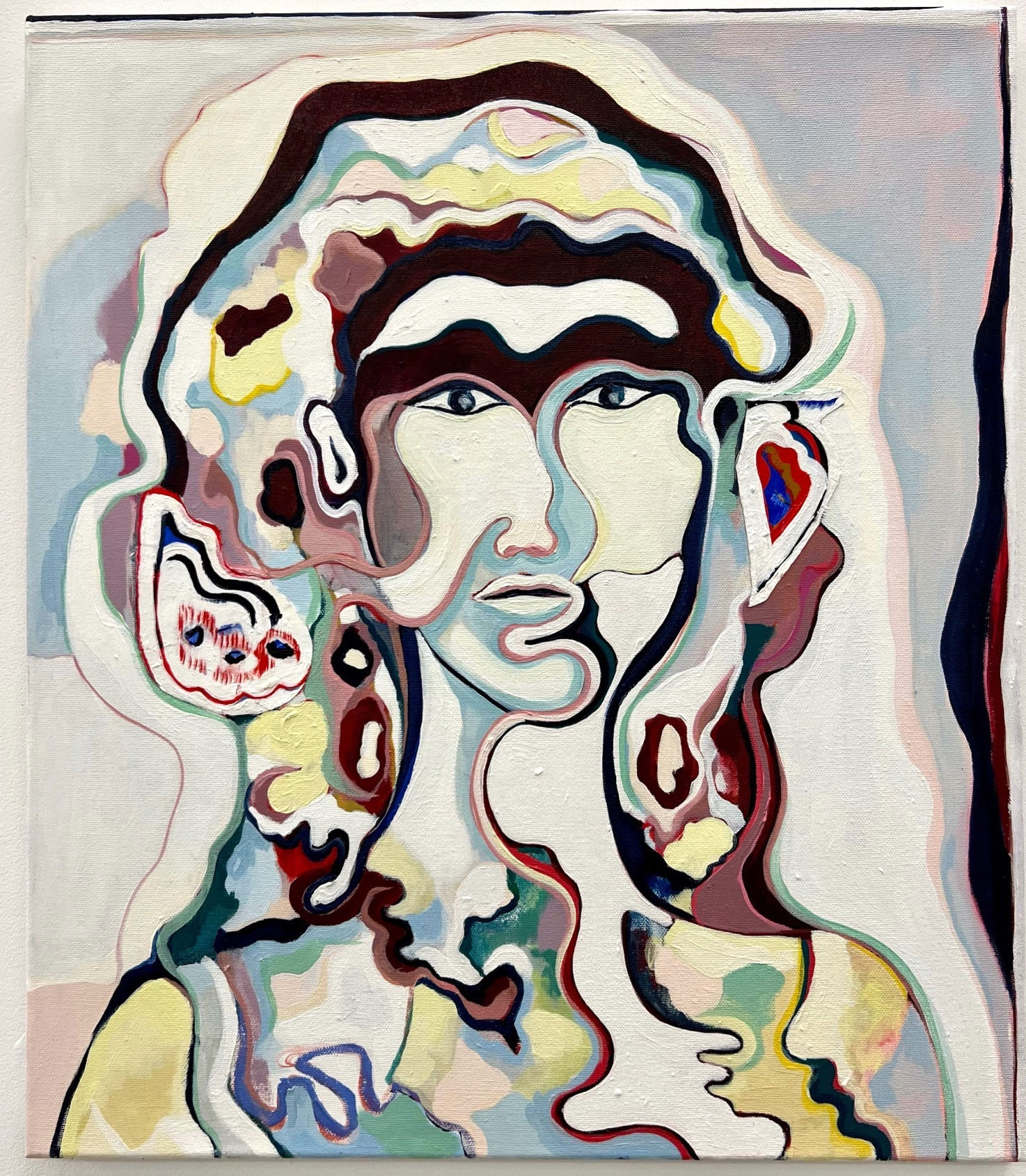 Sarah Cale Papilionidae 2022 oil and collage on canvas; unique 24 x 28 inches, unframed signed, titled and dated in ink on the reverse