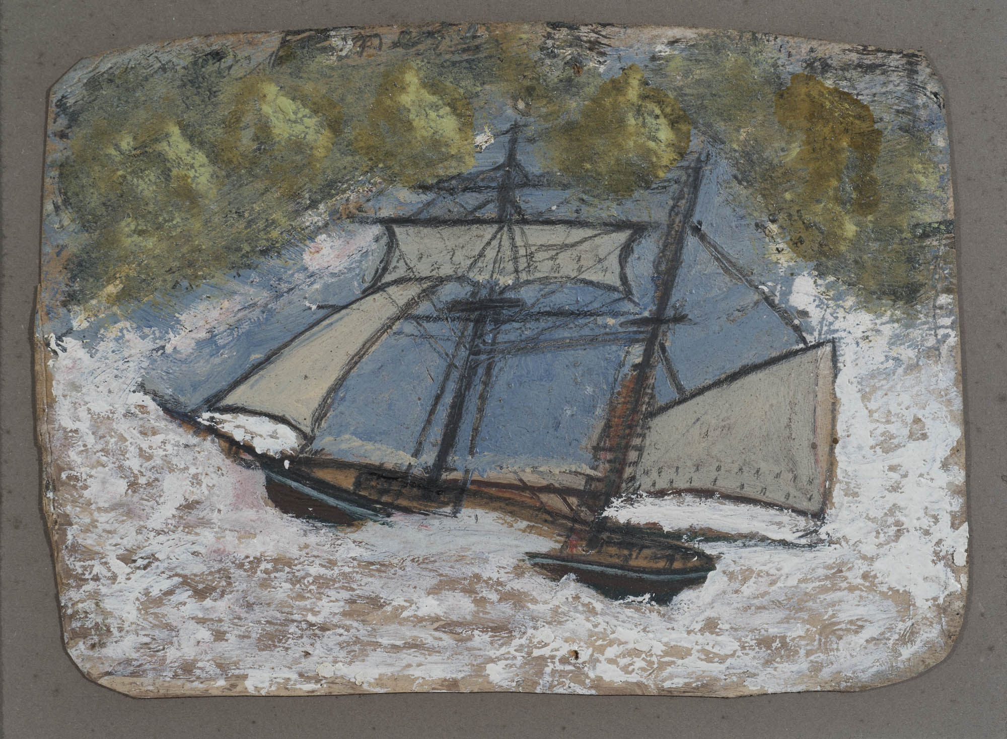 Alfred WALLIS (1855 – 1942) Two Masters in Stormy Sea, Oil and pencil on card 5 ¼ x 7 ¼ inches / 13.4 x 18.4 cm