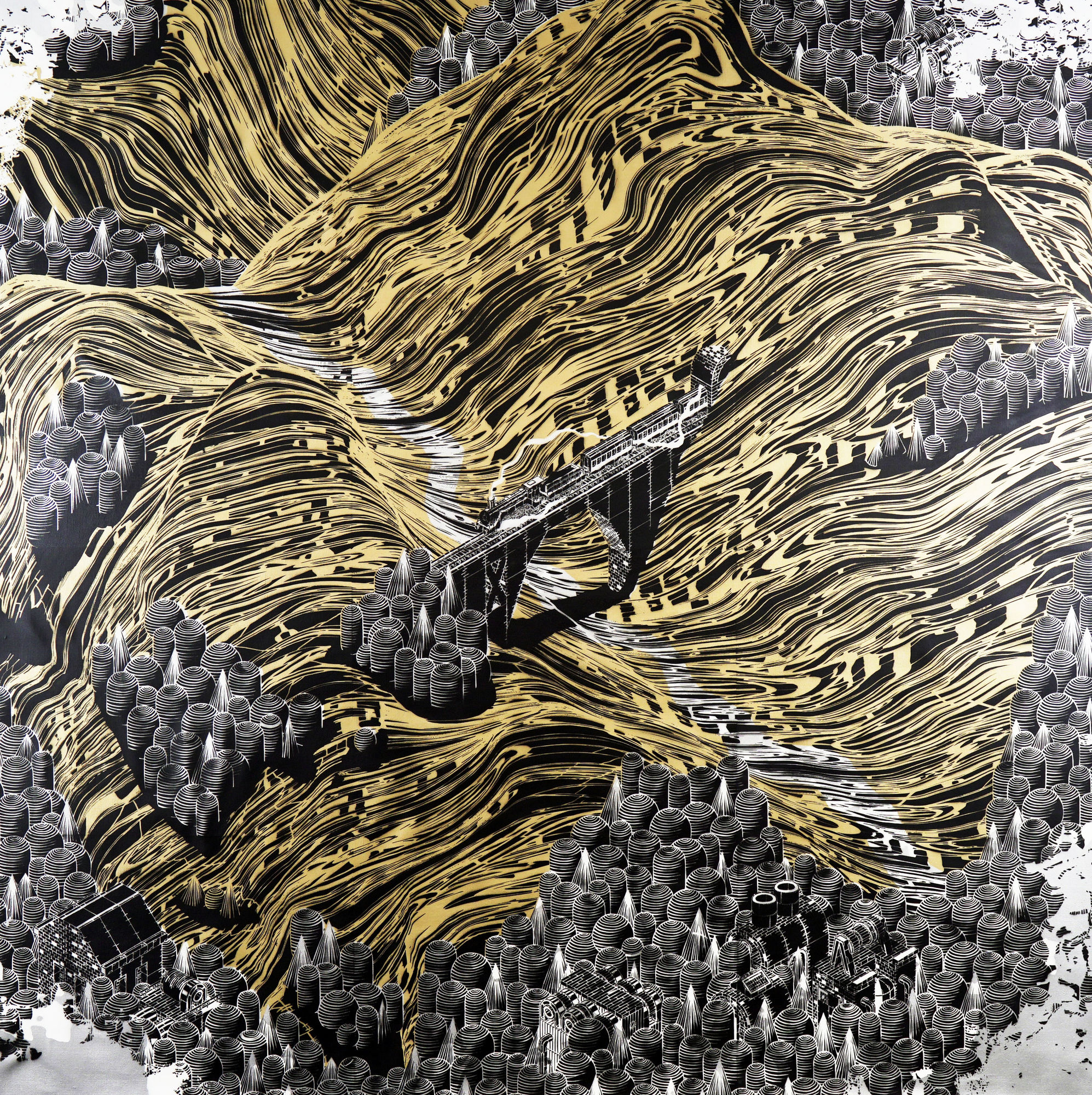 Mariusz Warasz aka M-City, Golden City, stencil on canvas, 200 x 200 cm, 2023