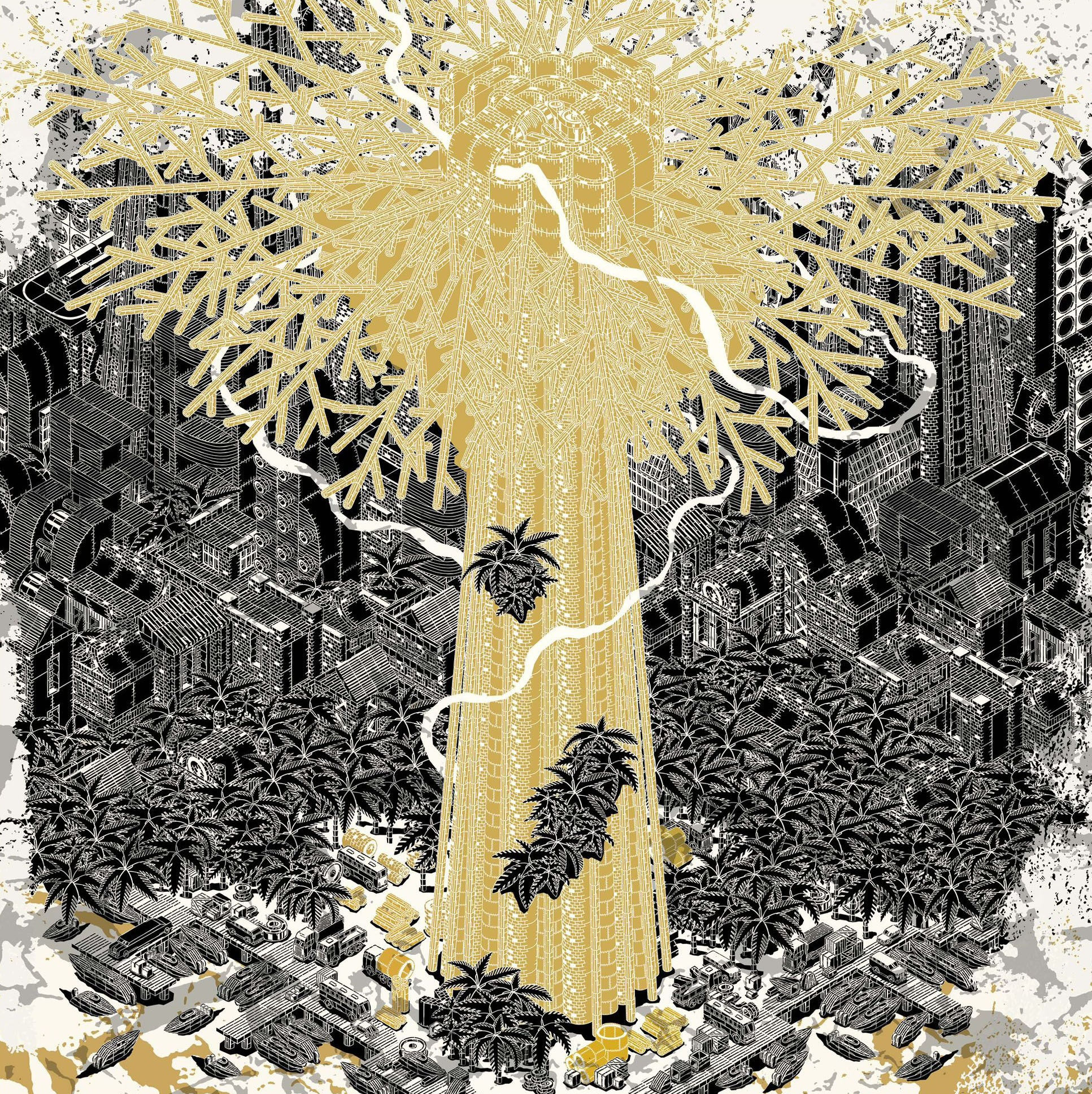 Mariusz Warasz aka M-City, Golden City, stencil on canvas, 200 x 200 cm, 2023