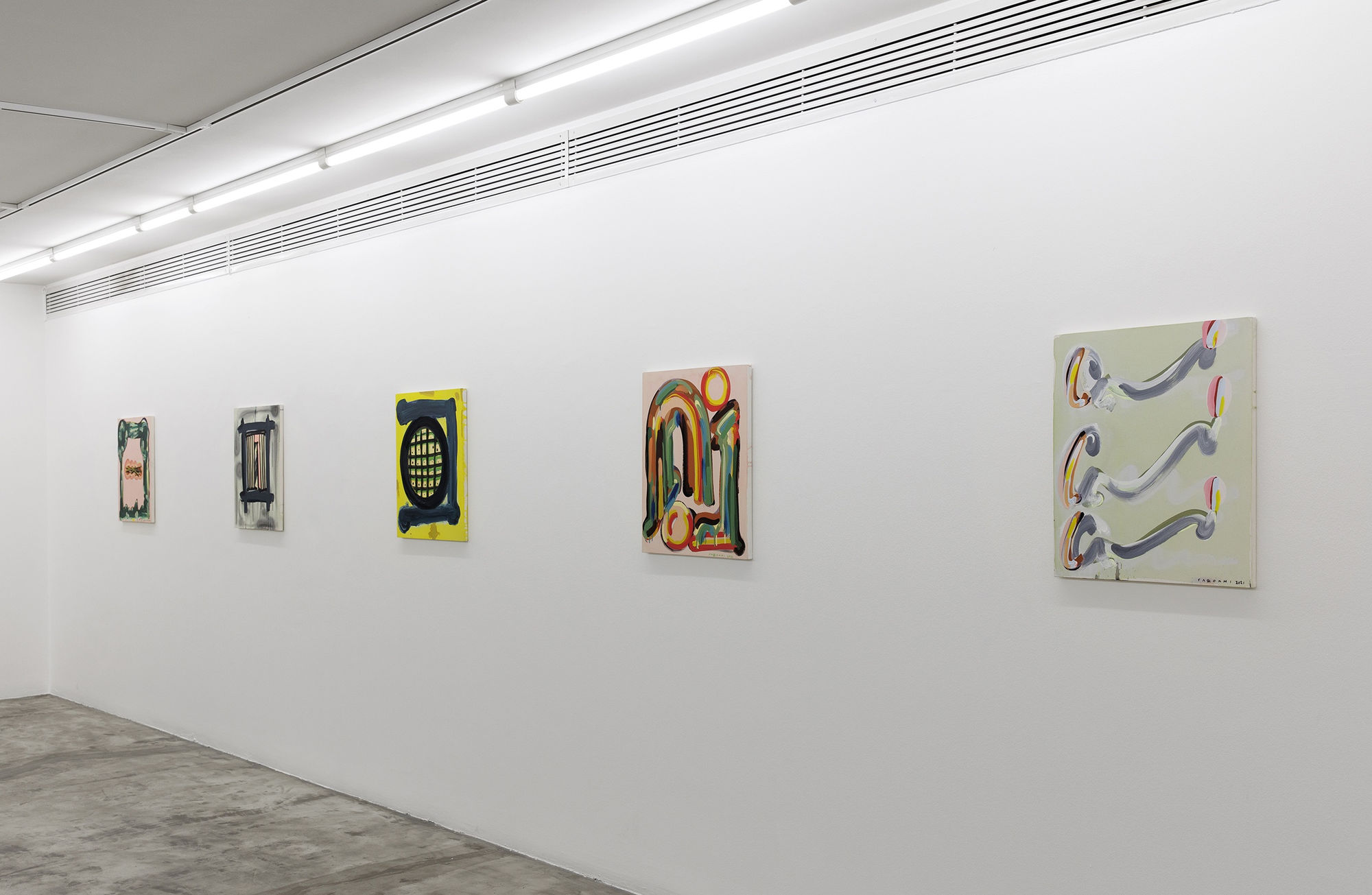 Installation view of Chromatic a solo presentation of works by Nariman Farrokhi .