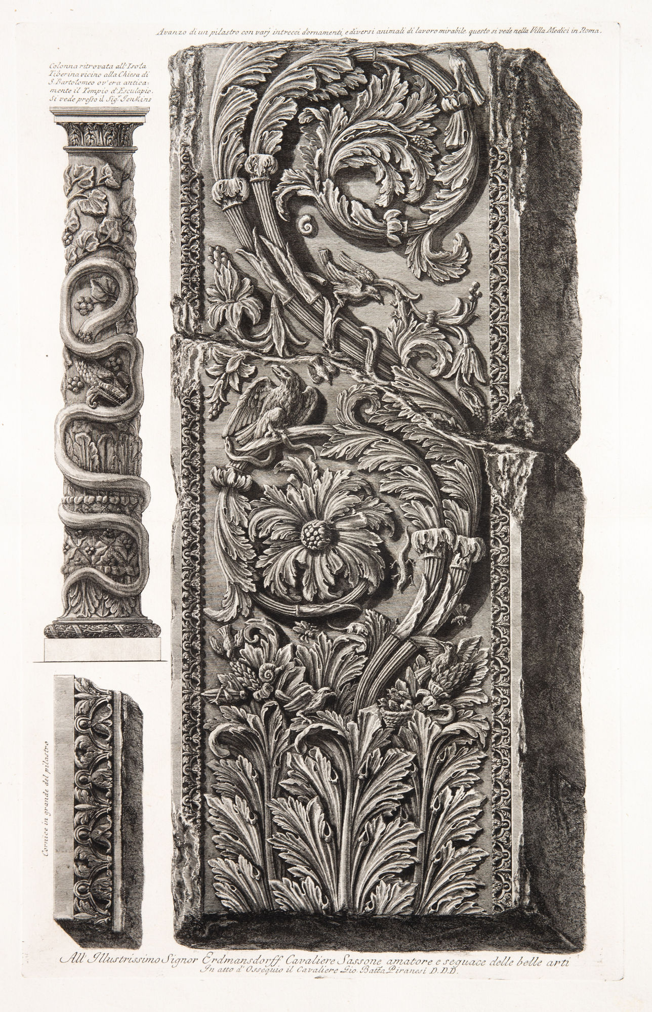 Giovanni Battista Piranesi, Fragment of an ornamental pilaster with detail and a column found on the Tiber Island, 1773-78