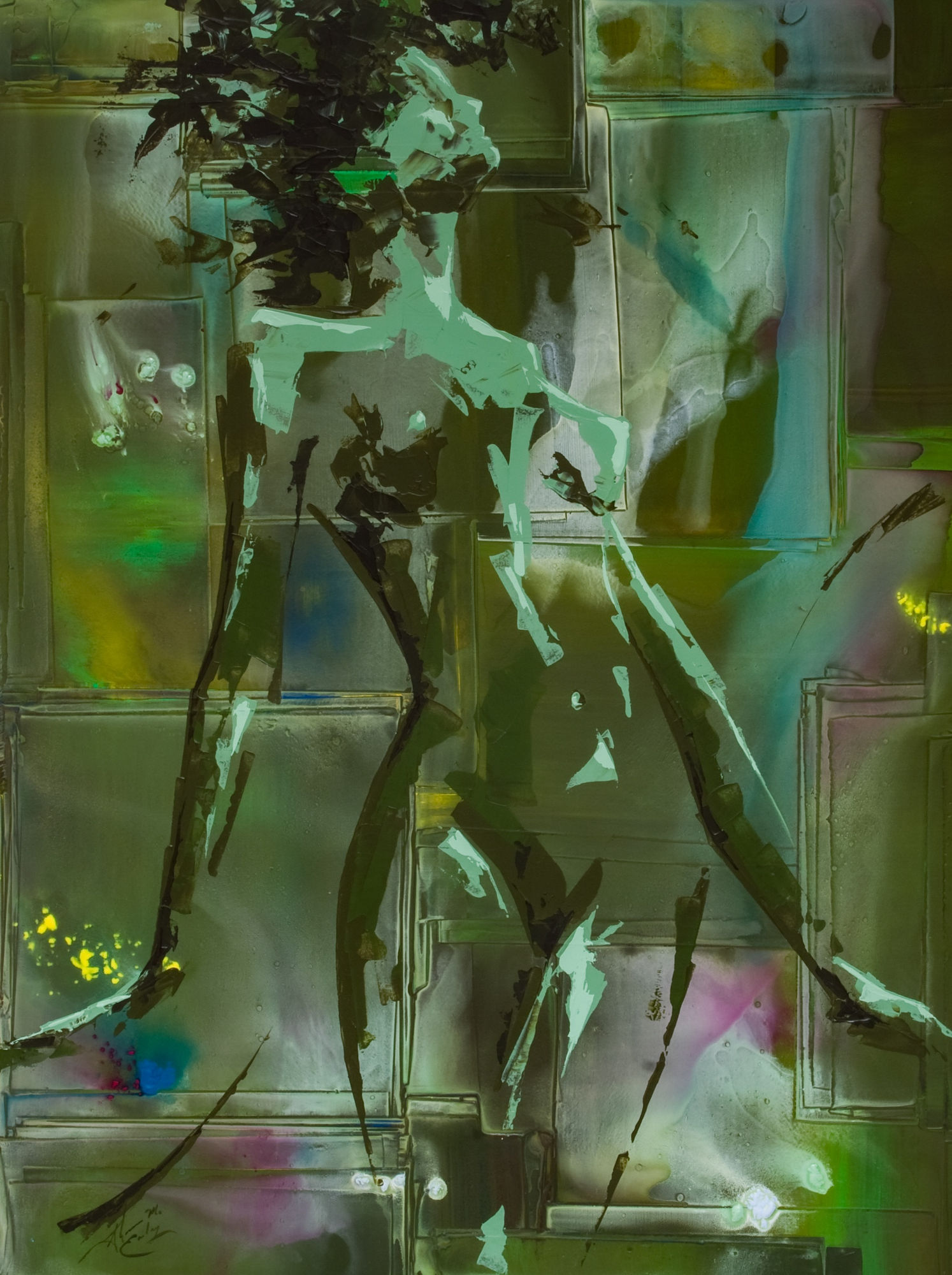 Painting of nude woman with arms by her side on abstract green background