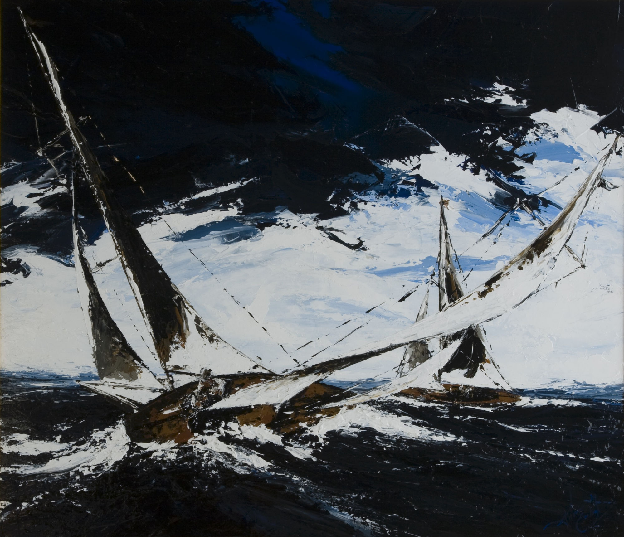 Painting of three sailboats tossing in a sea on a stormy day