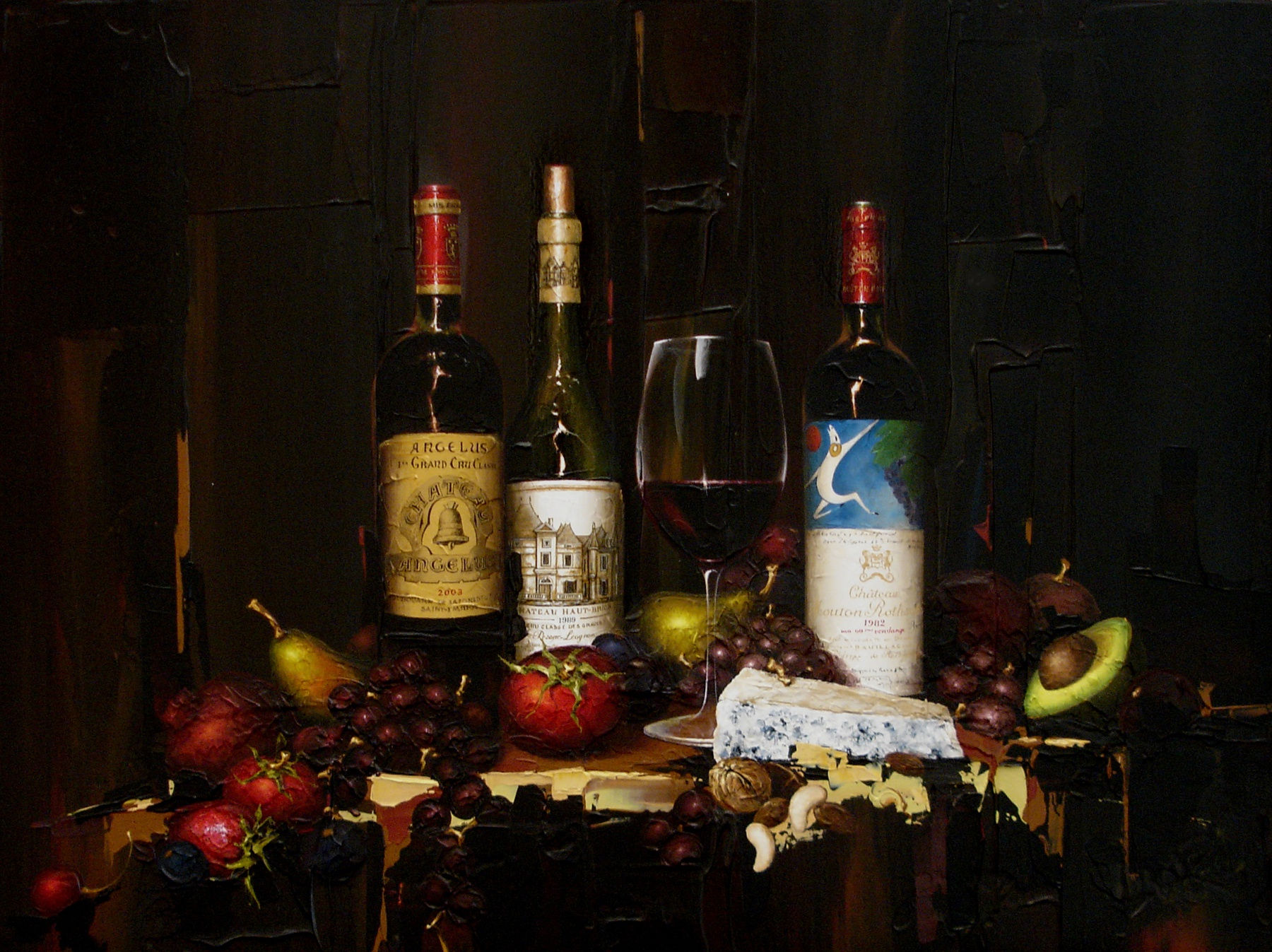 Wine still life painting of three bottles of cabernet with a glass of wine and cheese and food in the foreground and a darkly lit background