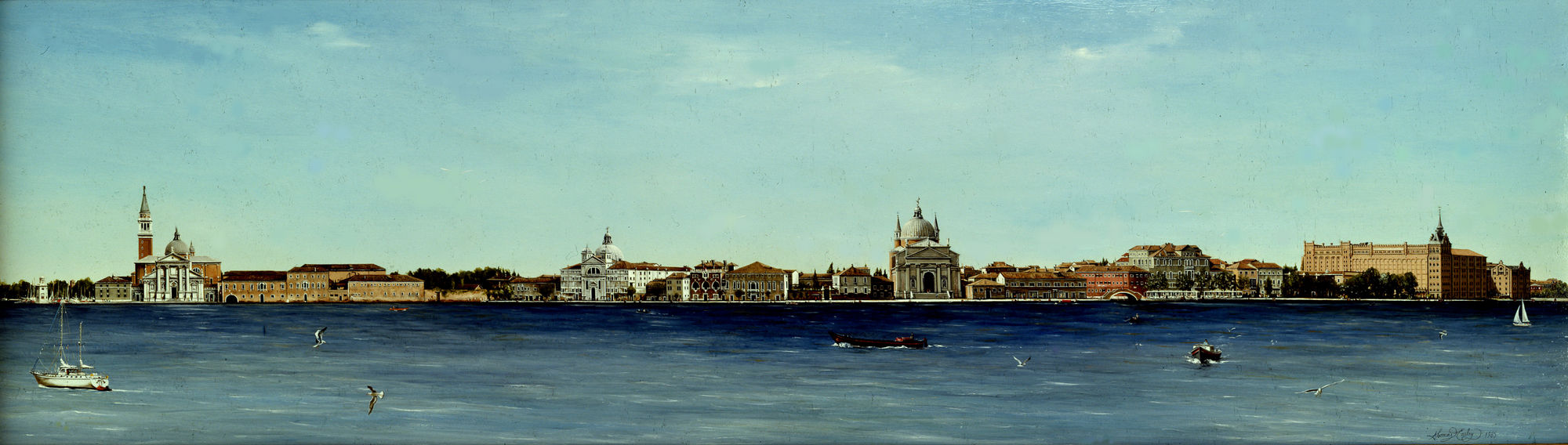 A painting of Venice's skyline on a bright day with the sea in the foreground