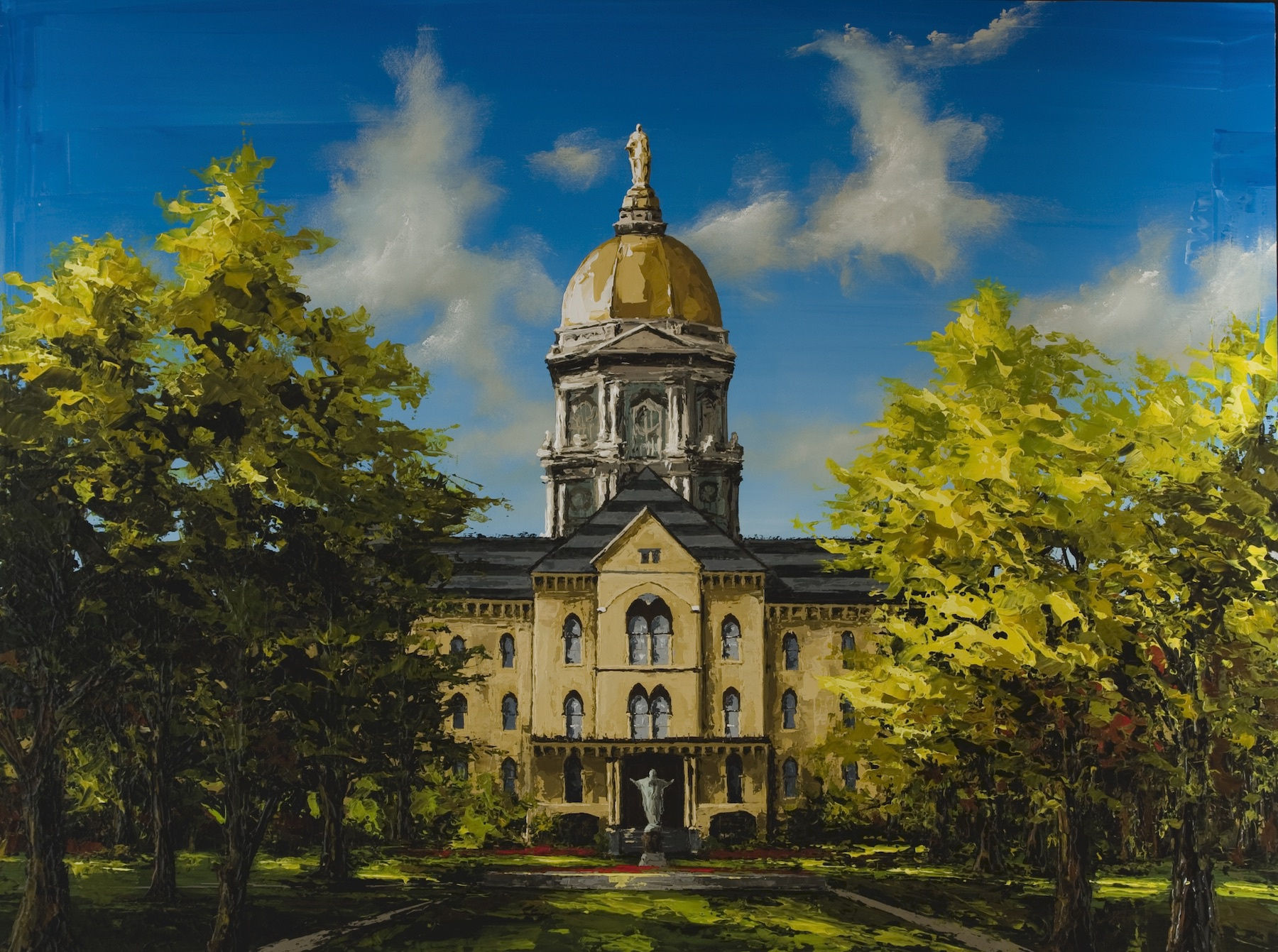 Painting of the dome of Notre Dame University in the background with green trees in the foreground