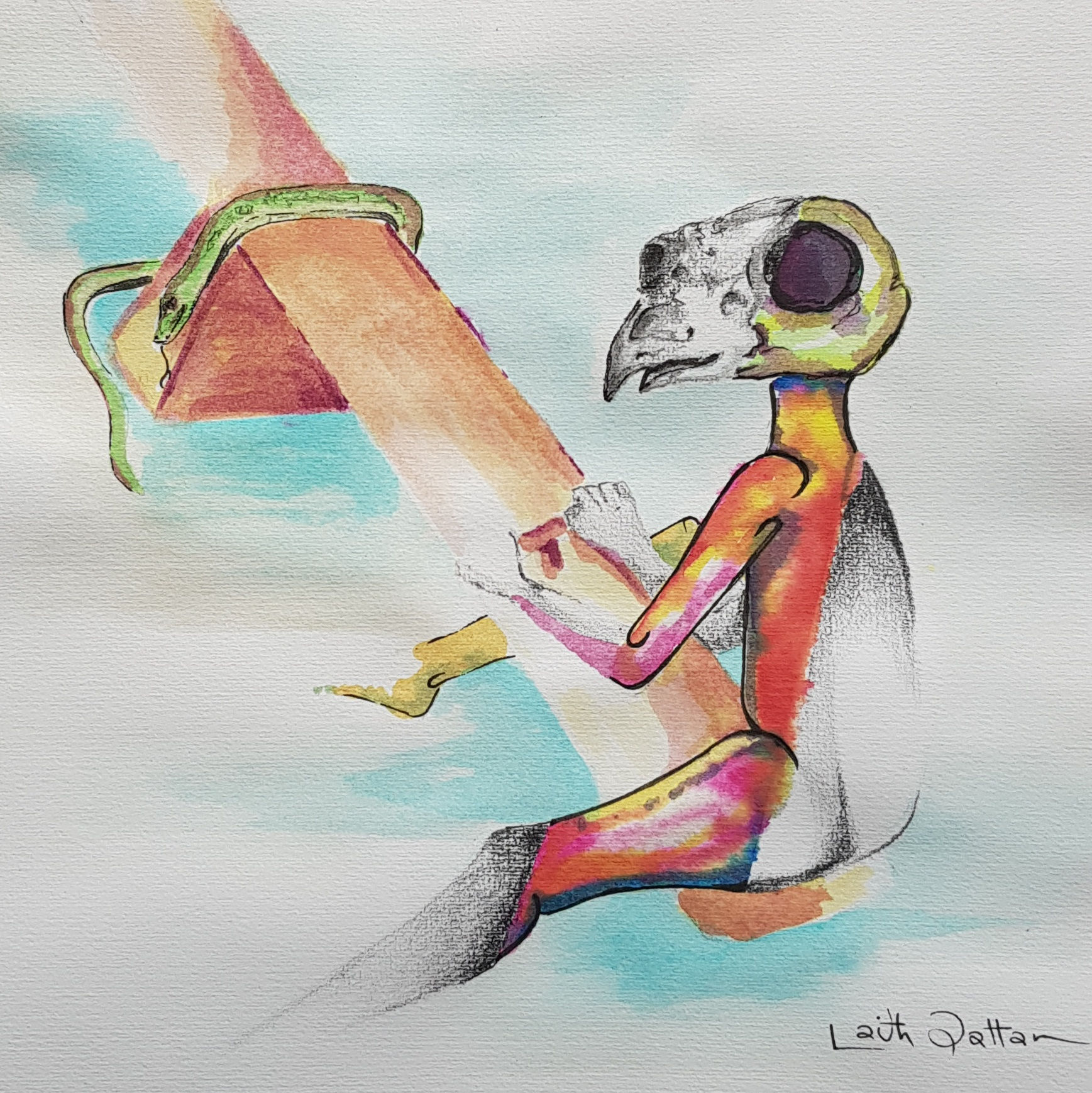 Laith Qattan Bide Here for a While 5/5, 2020 Watercolor, ink, and graphite on paper 21 x 21 cm 8 1/4 x 8 1/4 in