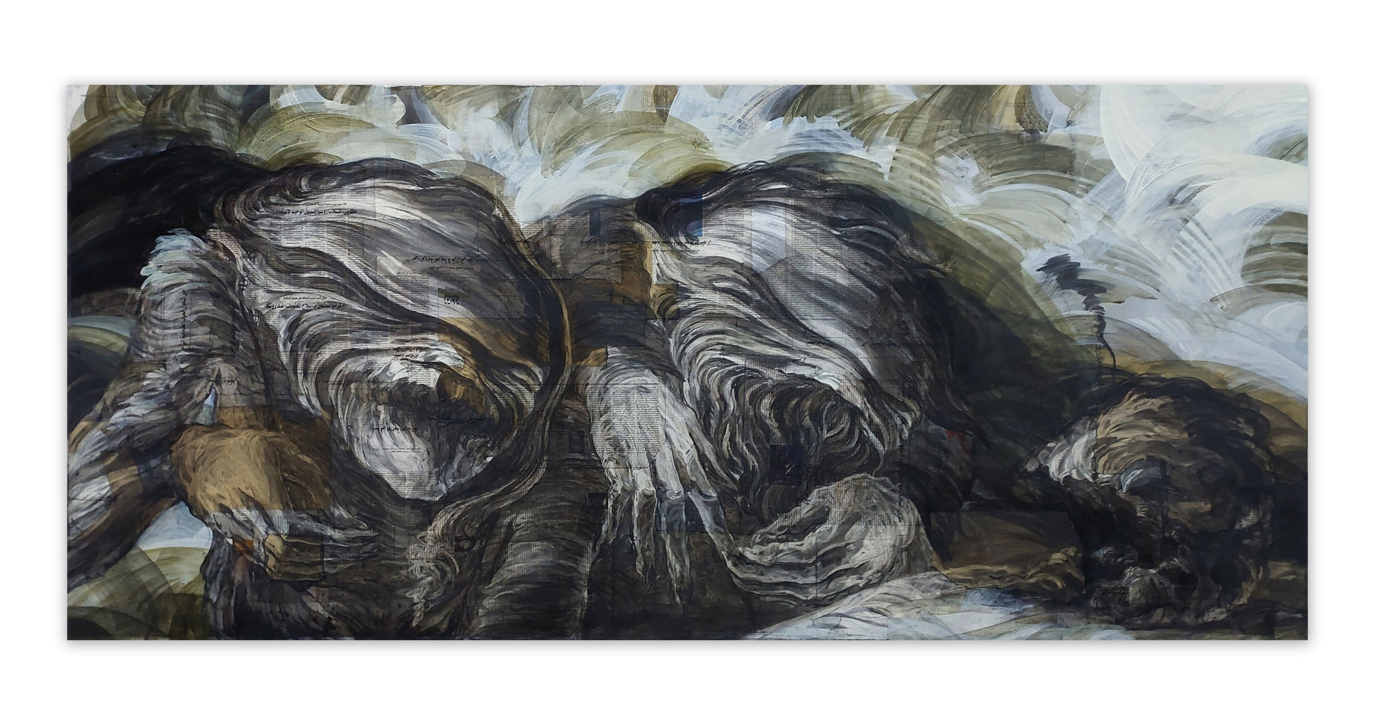 Mayar Obeido Apple Observers, 2023 Mixed media on canvas 110 x 235 cm 43 1/4 x 92 1/2 in