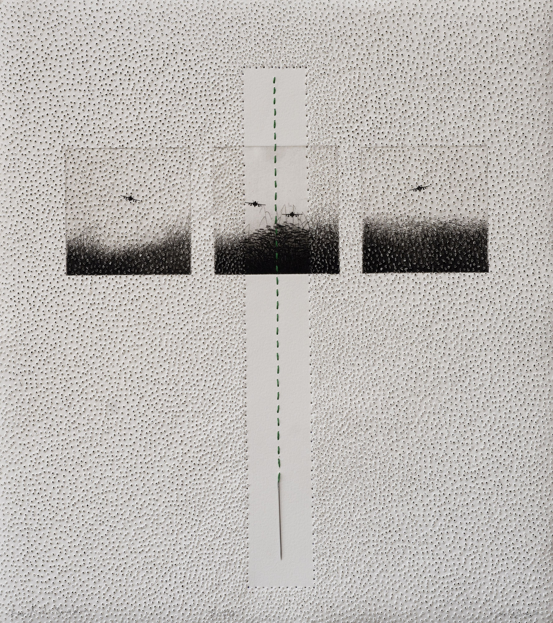 Farid Abu Shakra Country's Landscape, 2020 Engraving, thread, needle and perforation on archival paper 49 x 44 cm 19 1/4 x 17 1/4 in