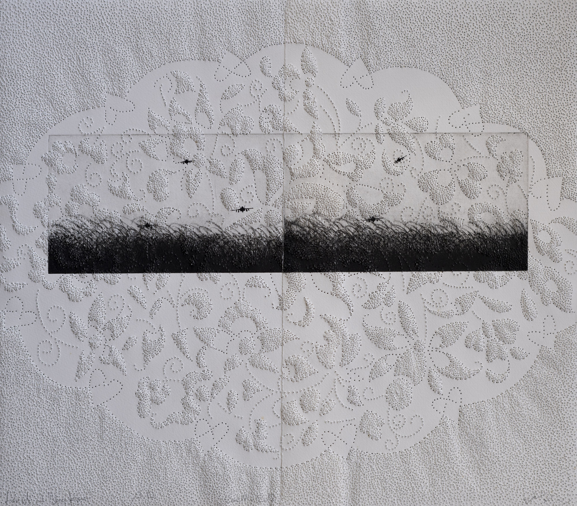 Farid Abu Shakra Untitled, 2008 - 2012 Engraving, thread, needle and perforation on paper 48 x 54.5 cm 19 x 21 1/2 in