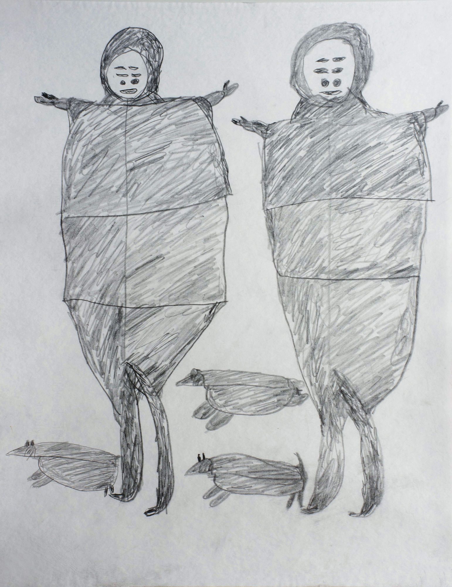 • PARR (1893-1969) KINNGAIT (CAPE DORSET) Untitled (Two Figures, Two Dogs and a Seal), c. 1961-63 graphite drawing, 24 x 19 in (61 x 48.3 cm) SOLD