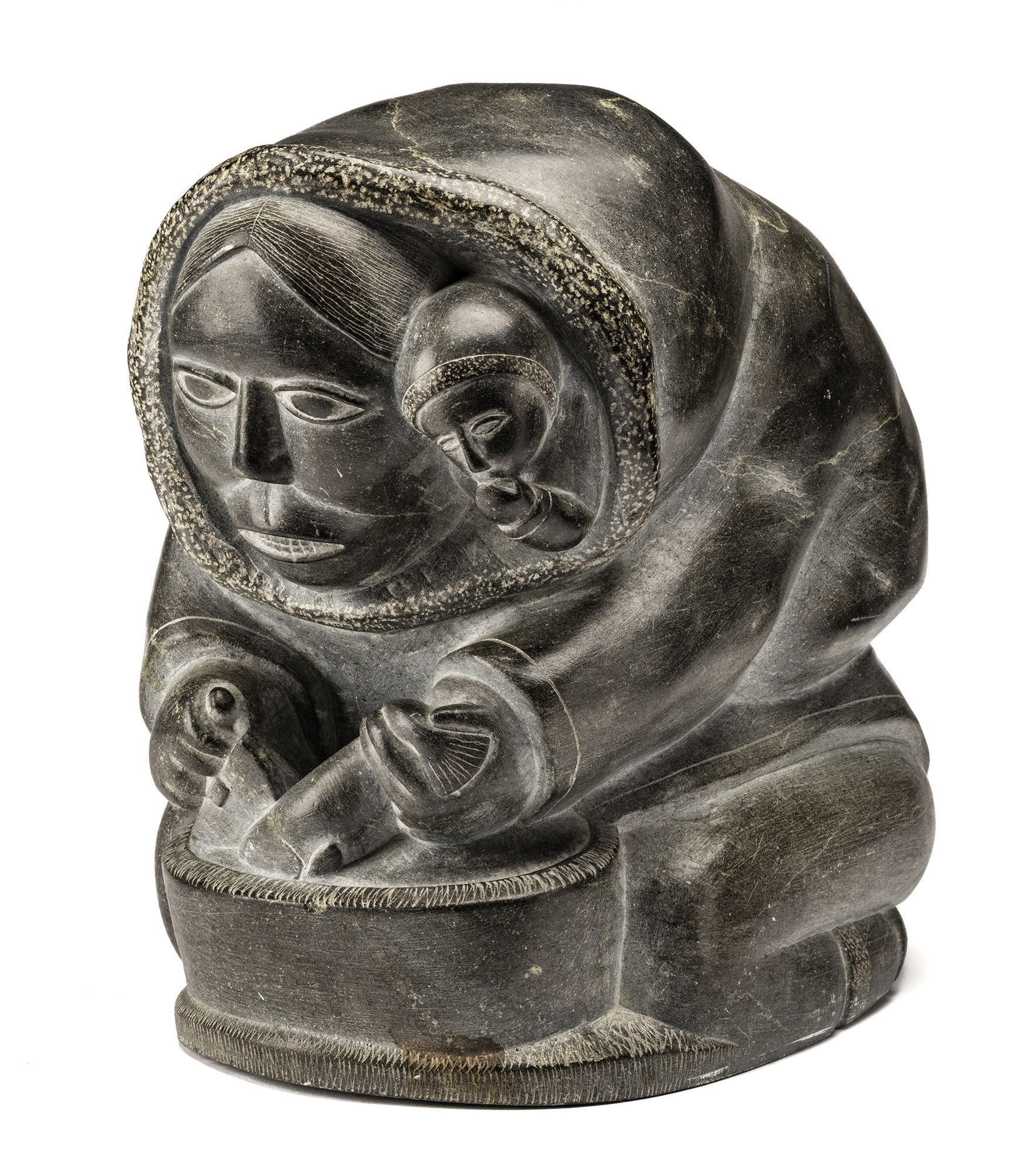 Lot 100 SAMSON NASTAPOKA (1931-) INUKJUAK (PORT HARRISON) Mother and Child, Cutting Up a Fish, c. 1960 stone, 11.5 x 8 x 11 in (29.2 x 20.3 x 27.9 cm) Estimate: $4,000⁠⁠⁠— $6,000 Price realized: $4,320