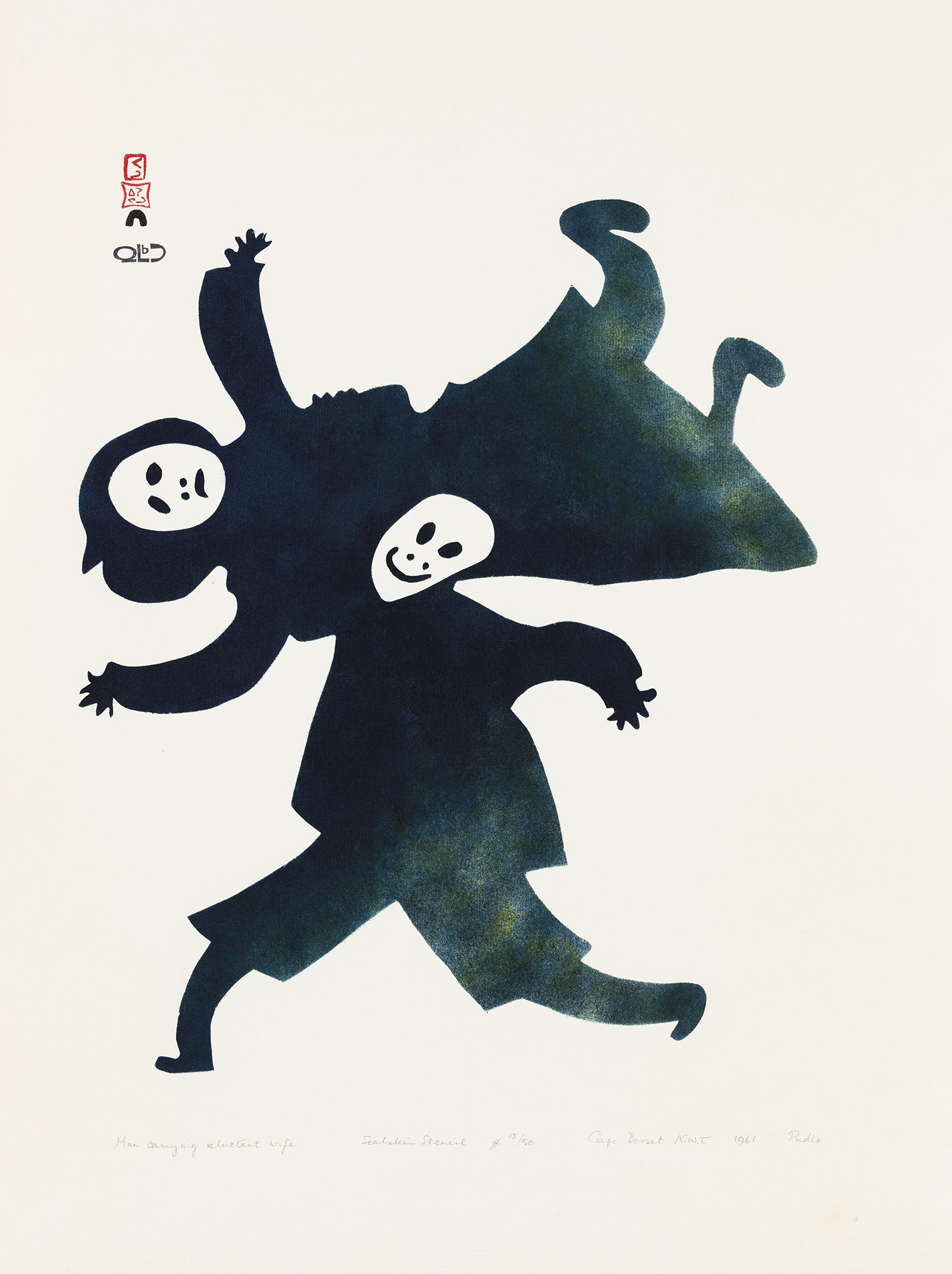 Lot 92 PUDLO PUDLAT (1916-1992) m., KINNGAIT (CAPE DORSET) Man Carrying Reluctant Wife, 1961 #16 stencil, 25 x 19 in (63.5 x 48.3 cm) Estimate: $6,000⁠⁠⁠— $9,000 Price realized: $19,200