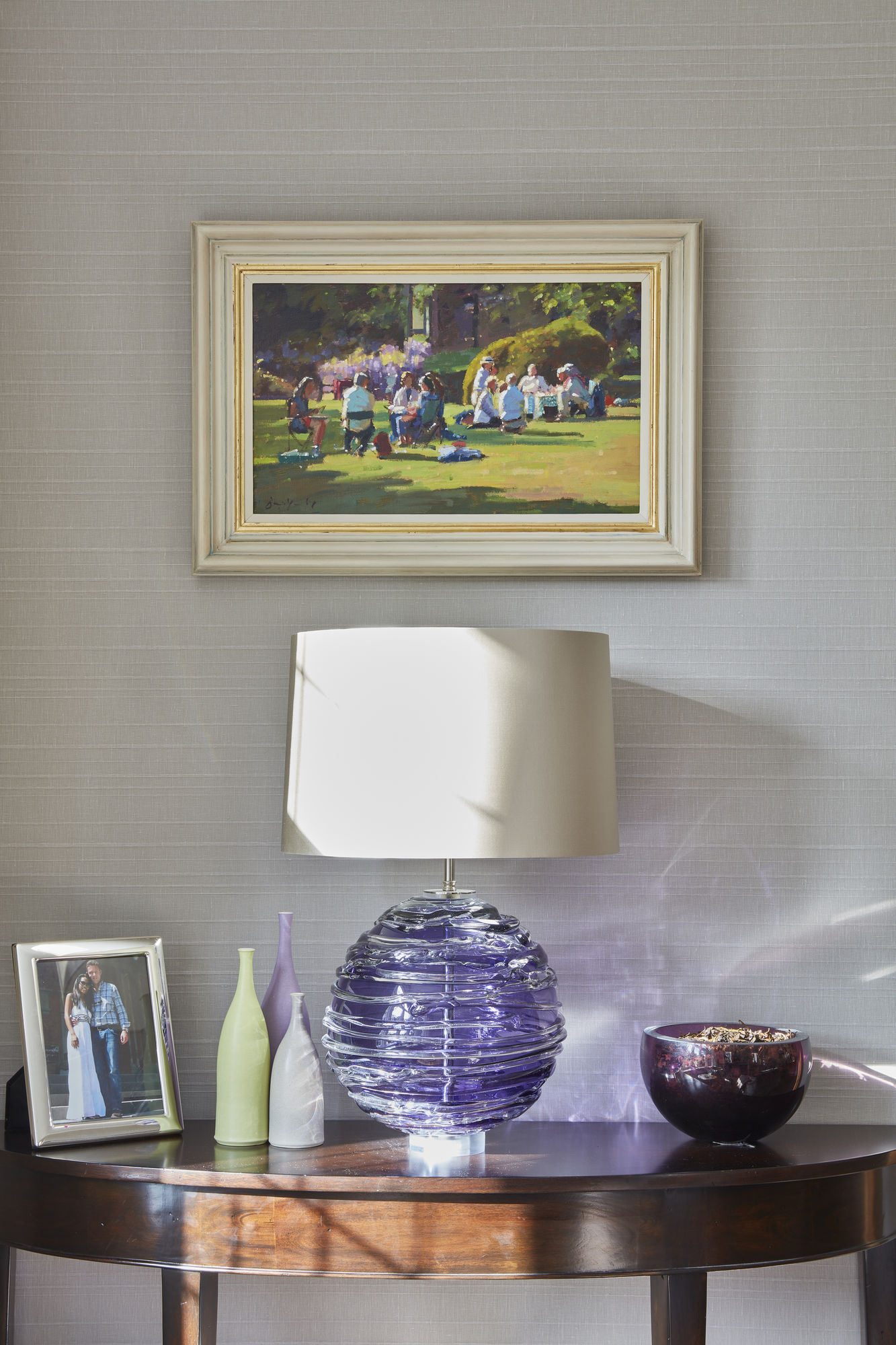 Bruce Yardley original painting above a handmade William Yeoward glass lamp