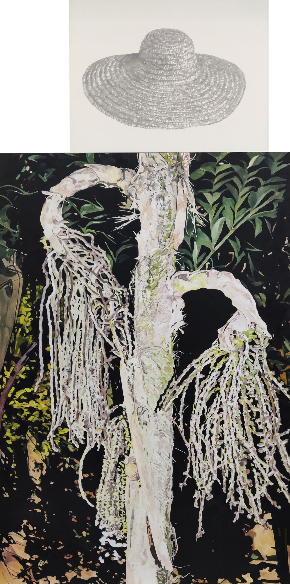 Tang Kwong San scarecrow II (2022) Oil on Canvas and Graphite on Paper 2-part work, Painting: 183 x 122 x 5 cm; Paper: 70 x 90 x 5 cm