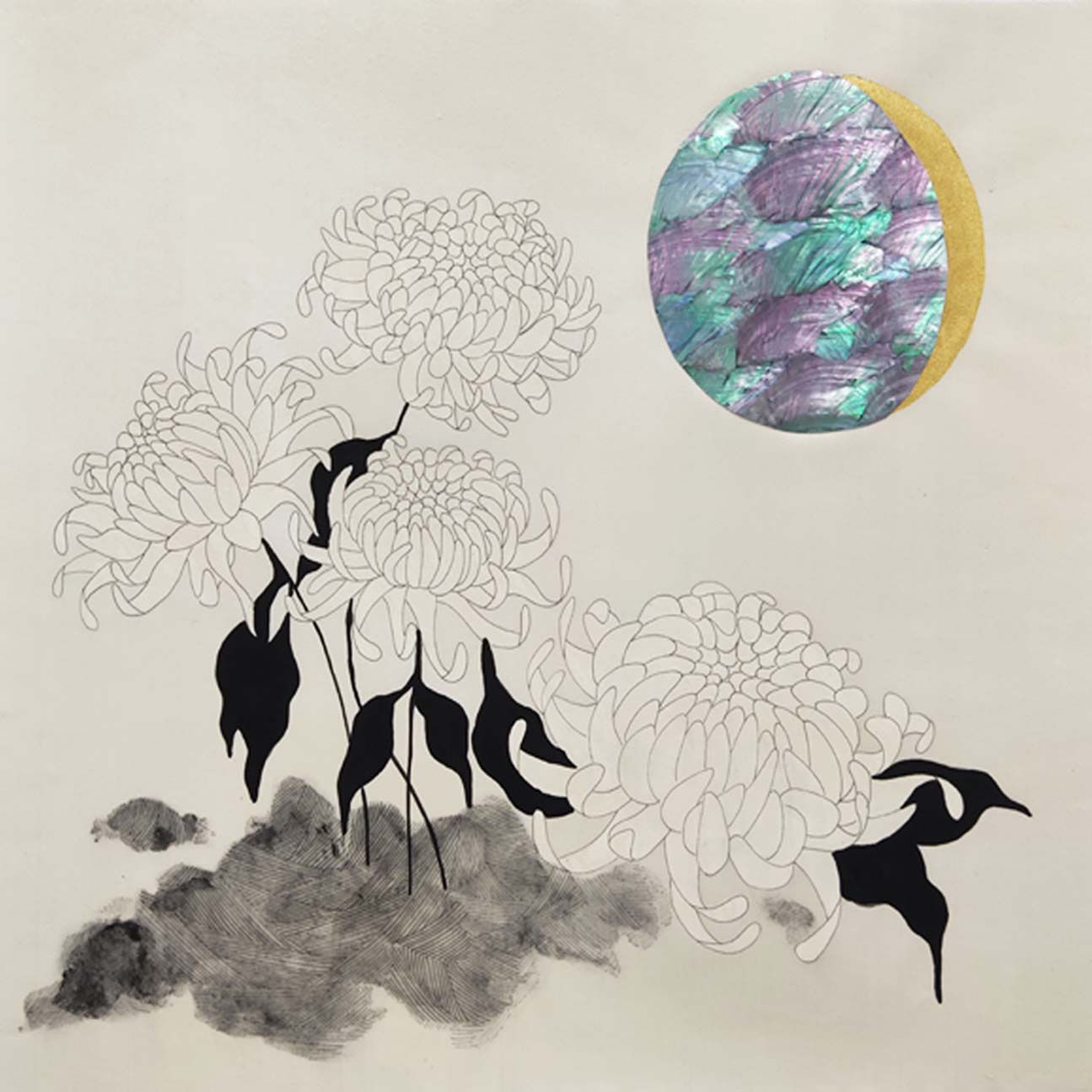 Crystal Liu "catch the light, V", 2022 Mother of Pearl Veneer, Gold Leaf, Gouache and Ink on Silk Artwork: 45.7 x 45.7 cm Framed: 68 x 68.2 cm