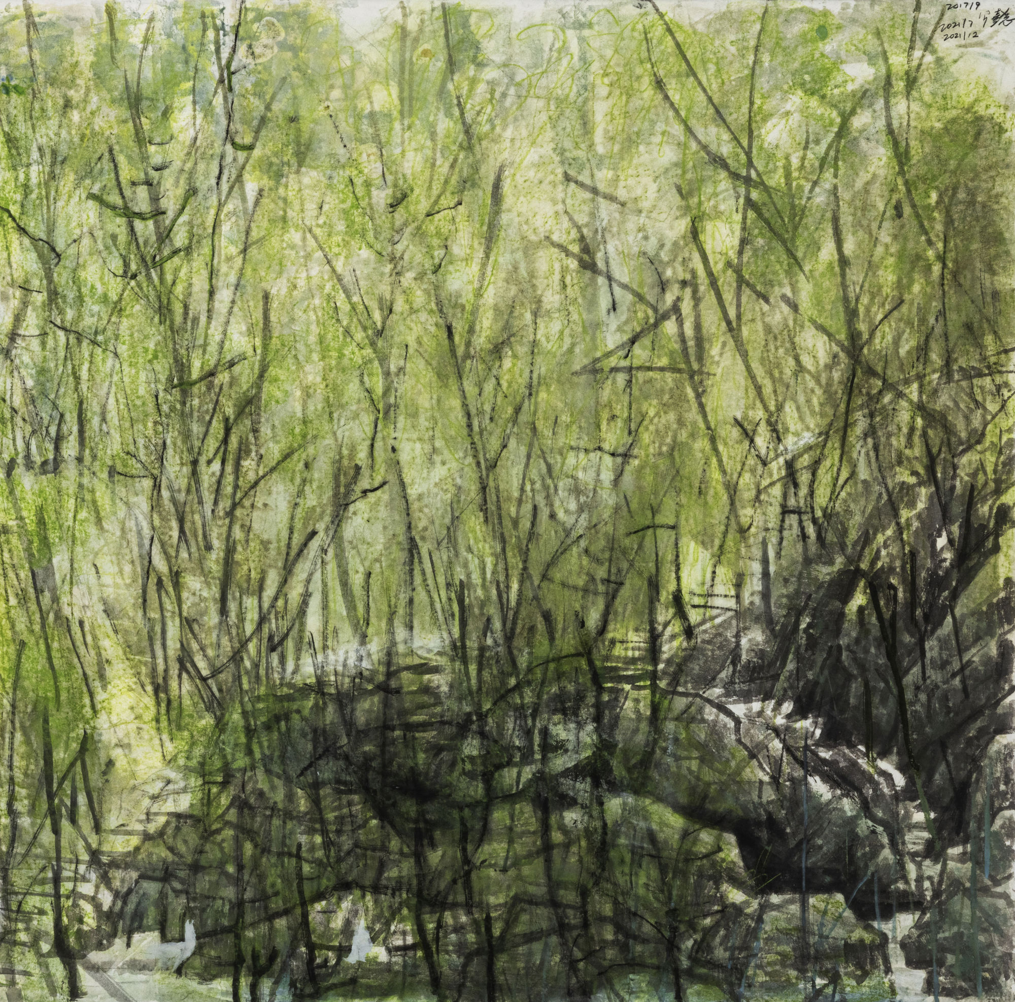 Early Spring Ancient Ink, Watercolor, Pastel and Mineral Pigment on Suzhou Pi Xuan Paper 145 x 150 cm, 2017-2021