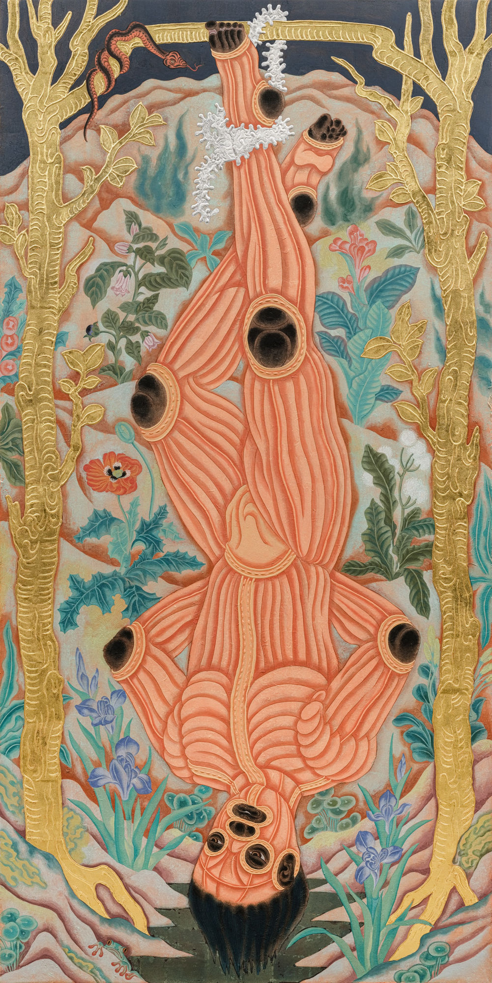 Tseng Chien-Ying Strange Fruit Colors on Paper, Ink, Mineral Pigments, Gold Foil, Silver Foil, Sulphide Silver Leaves, Mounted on Wood 180 x 90 x 3.5 cm, 2022