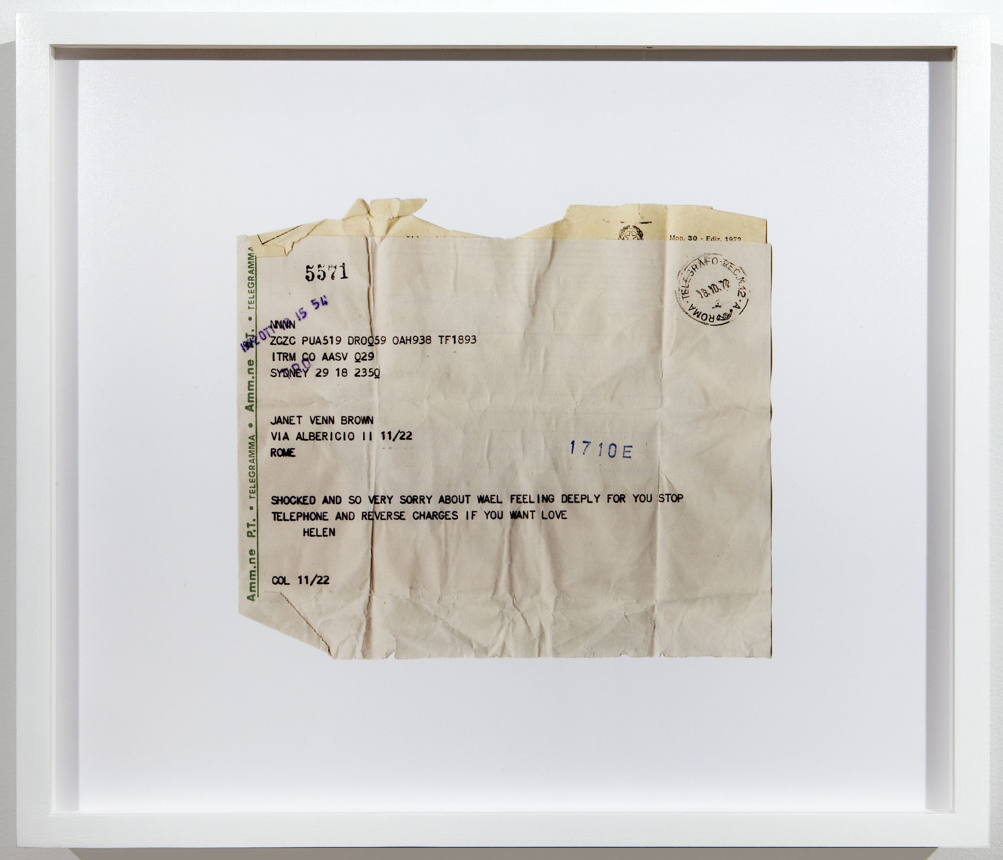 Emily Jacir Material for a Film (detail) (Telegram: 18/10/1972), 2007 Digital c-print 12 x 14 inches (30.5 x 35.6 cm) Edition of 7